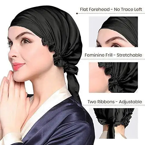 Luxury Silk Sleep Cap with Adjustable Ribbons for Women - Soft & Breathable Night Hair Cover for Sleeping, Travel & Spa
