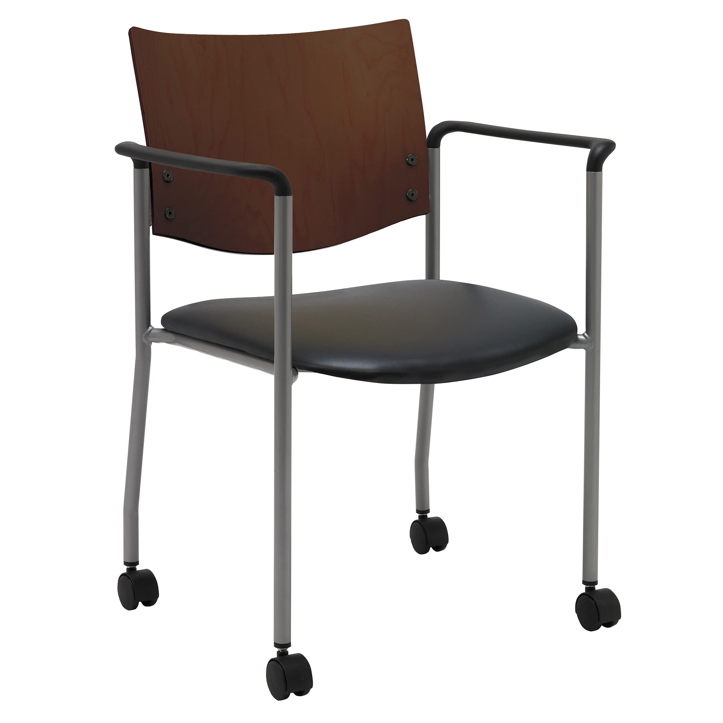 Evolve Series Guest Chair with Arms - Wood Back & Casters - Black Fabric & Chocolate Finish - Perfect for Office, Conference Room & Home Workspace