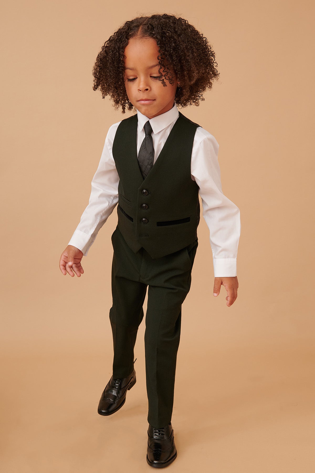 BROMLEY Kids' Olive Green Check Print 3-Piece Suit for Boys - Formal Wear for Weddings, Parties & Special Occasions