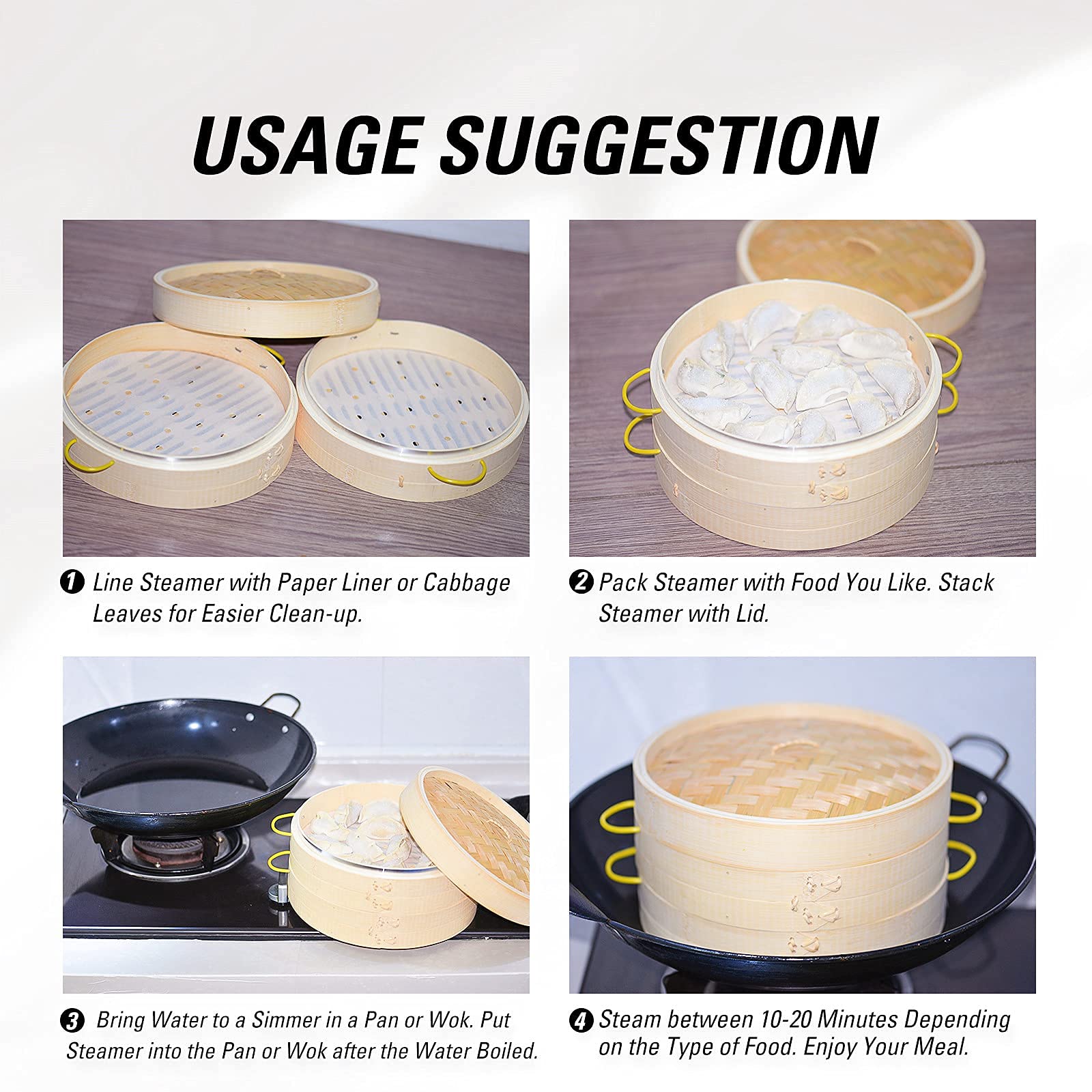 MacaRio 10 Inch Bamboo Steamer Basket Set with Side Handles, Chopsticks & Ceramic Sauce Dishes - Perfect for Dim Sum, Dumplings, Buns, Seafood, Rice & Asian Cuisine | Ideal for Home Cooking, Restaurants & Party Serving