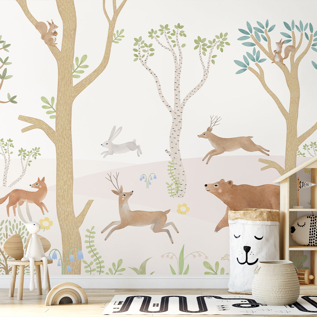 Pastel Forest Animals Wall Mural SM016 - Self-Adhesive Removable Wallpaper for Nursery, Kids Room & Playroom Decor - Perfect for Baby Shower Gifts & Children's Bedroom Makeovers