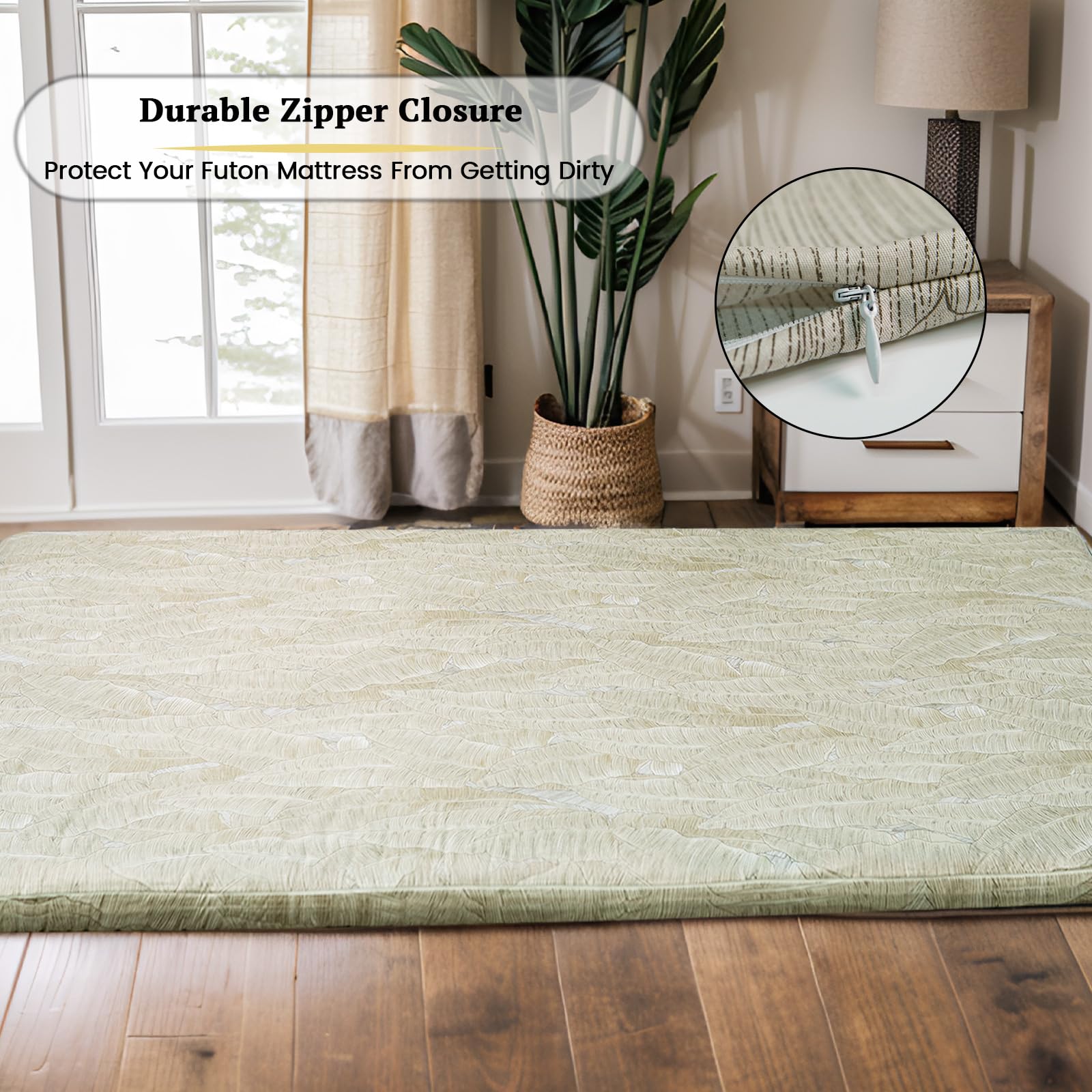 ZonLi Queen Size Futon Mattress Cover - Soft Japanese Floor Sleeping Mat Cover with Zipper, Machine Washable (64''x84'', Hand-Drawn Leaf Patterns) for Tatami, Guest Bed & Small Space Living