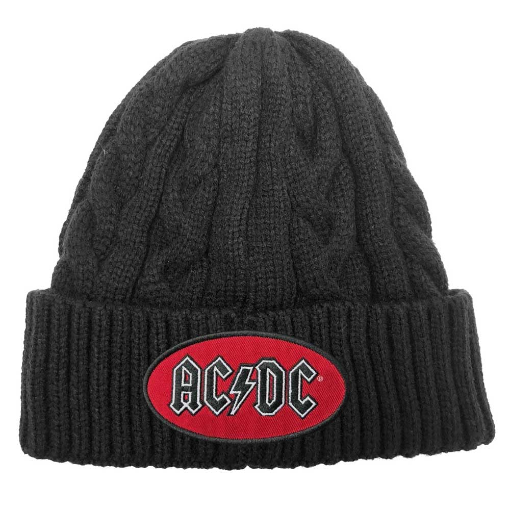 AC/DC Men's Black Cable-Knit Beanie Hat with Oval Logo - Warm Winter Skull Cap for Outdoor Activities, Concerts & Casual Wear