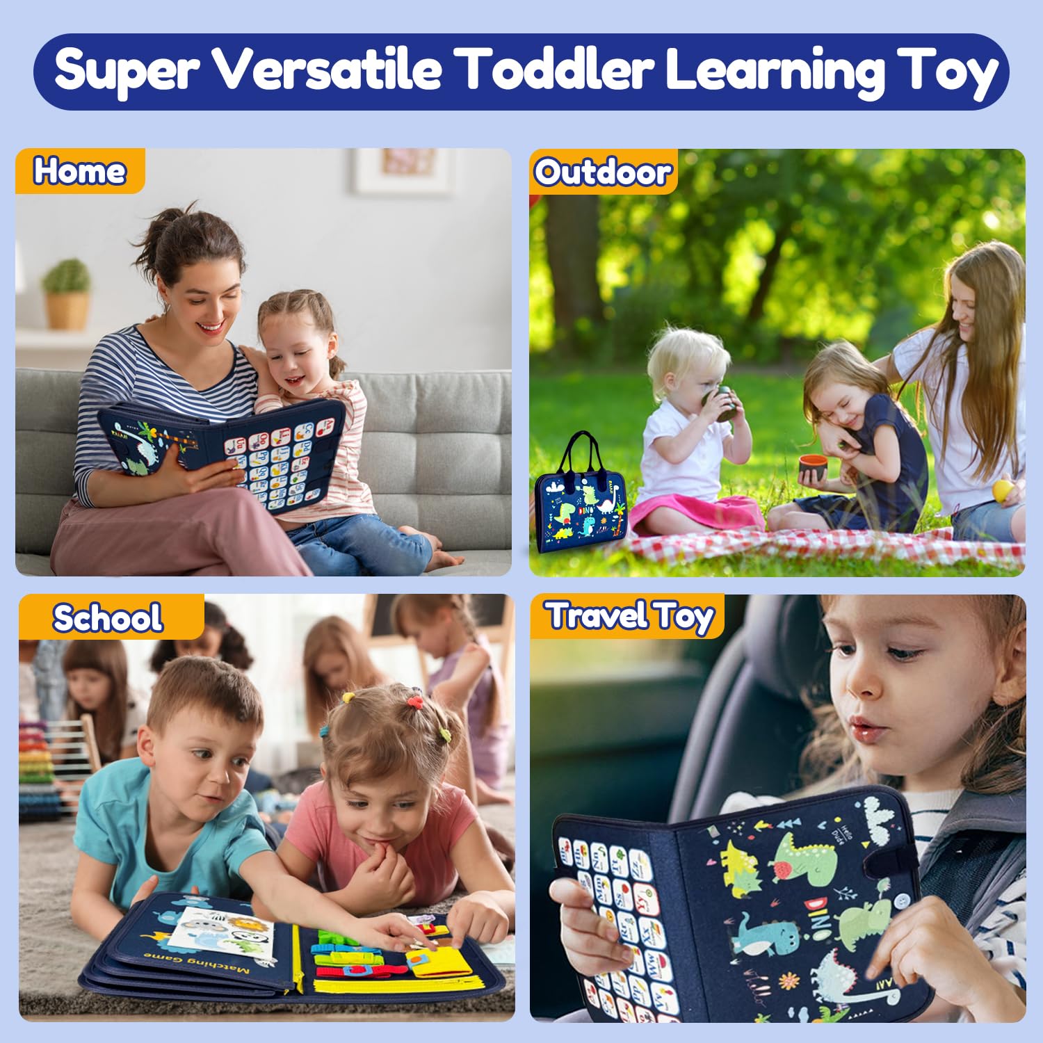 Qizfun Montessori Busy Board Book - Sensory Learning & Educational Toys for Toddlers 1-4 Years Old | Best Travel Activity Toy for Airplane & Car Rides | Perfect Birthday Gift for Boys & Girls 1-3 Years | Develop Fine Motor Skills & Early Learning
