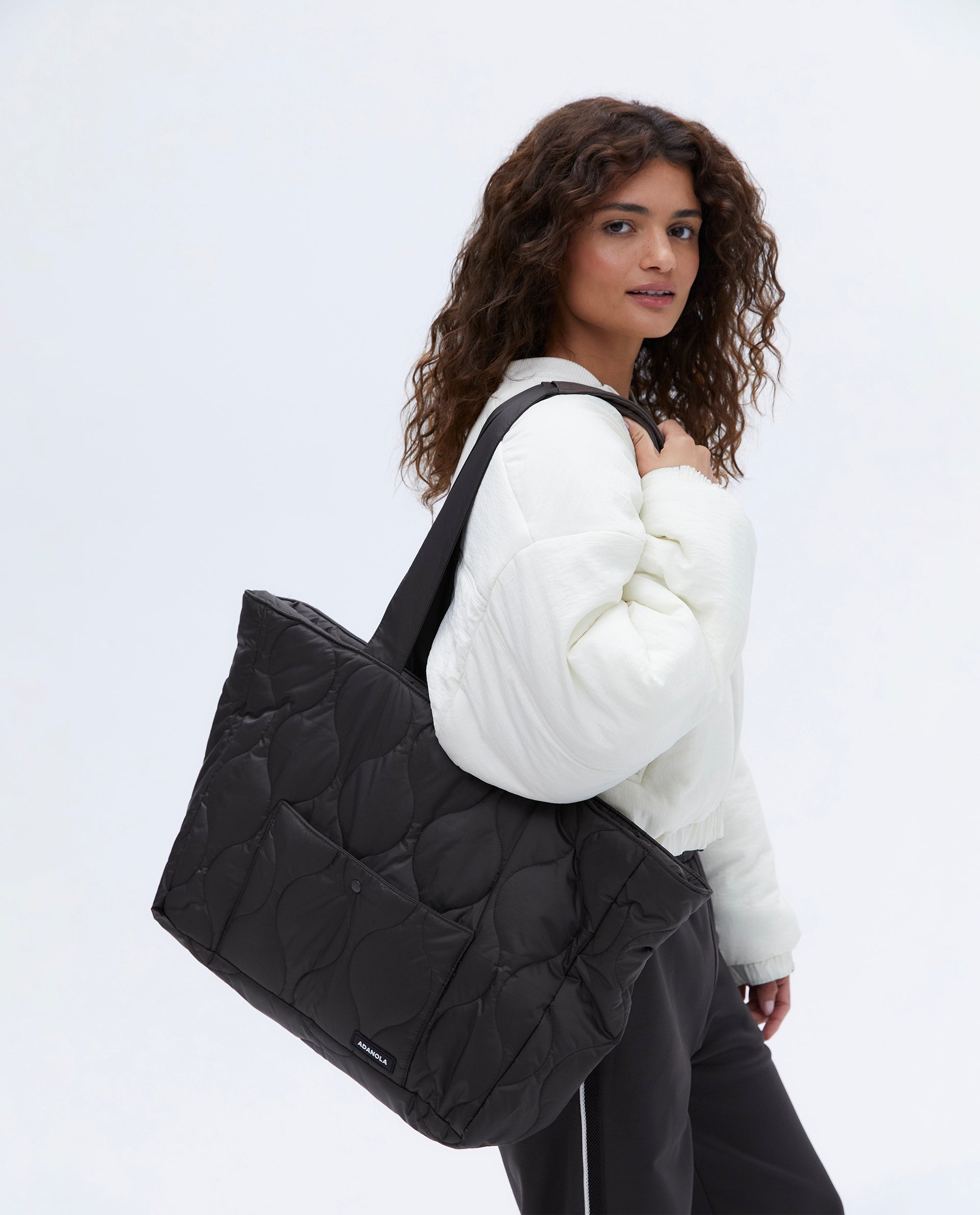 Quilted Nylon Tote Bag for Women - Stylish Coffee Bean Print Handbag - Perfect for Work, Travel & Shopping