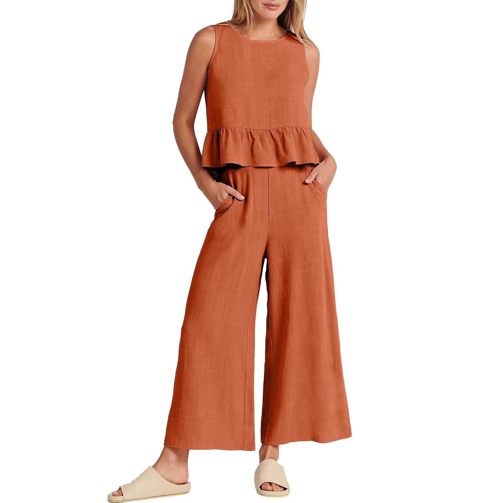 Women's 2-Piece Outfit Summer Cotton Linen Sleeveless Blouse & Shorts Set - Floral Print Casual Tracksuit Clubwear (Orange, XL) | Perfect for Beach Vacations, Music Festivals & Summer Outings
