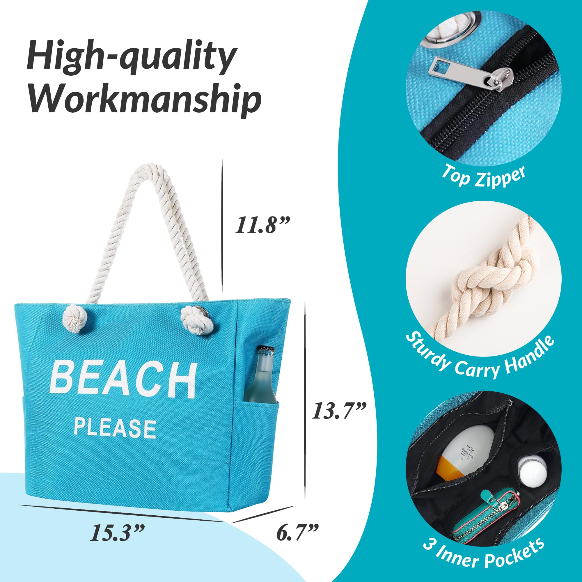 Large Zippered Canvas Beach Tote Bag for Women - Waterproof Travel, Gym, Shopping & Swim Essentials - Perfect for Beach Holidays, Cruise Trips & Weekend Getaways