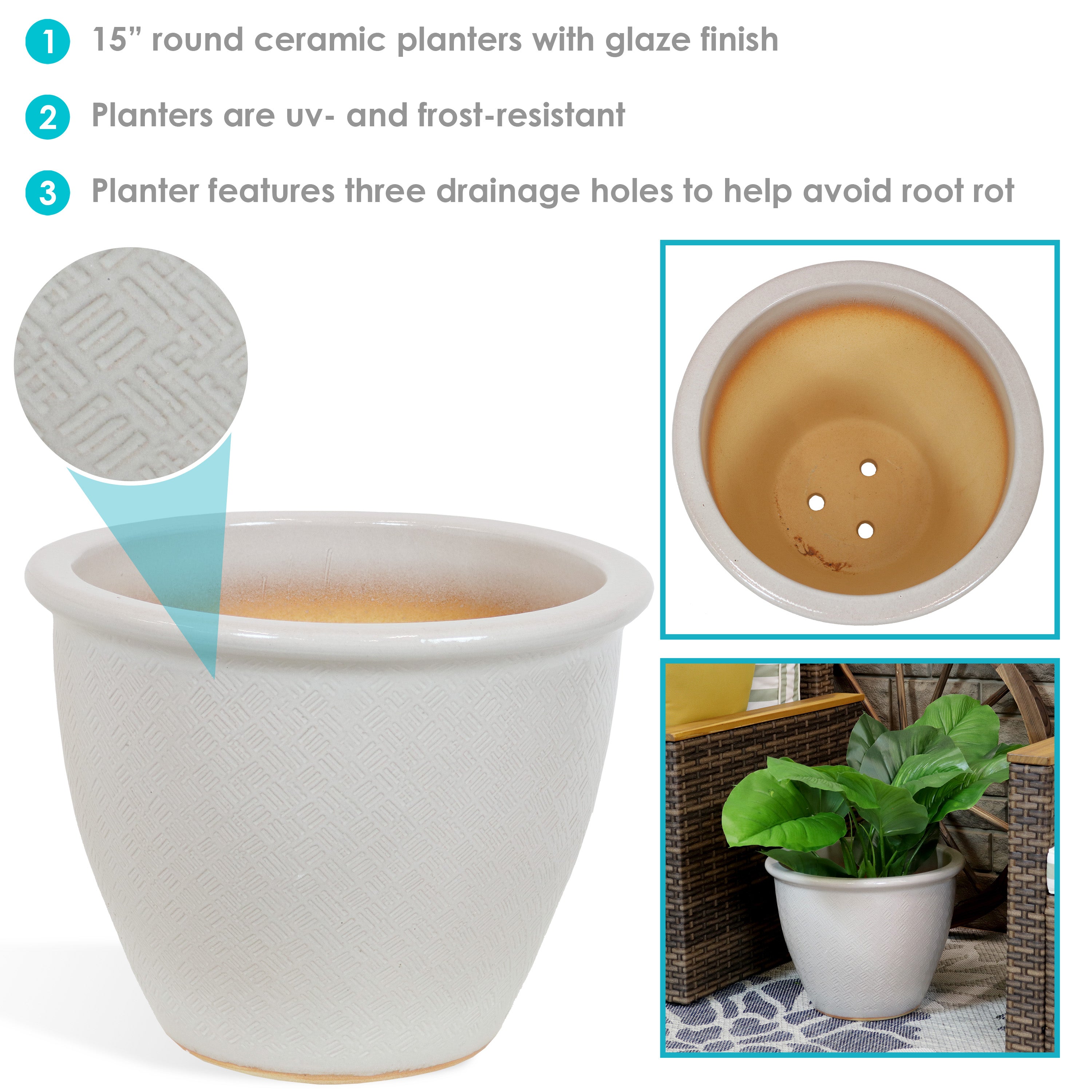 Sunnydaze Ocean Villa Glazed Ceramic Planter with Drainage Hole - 15 Inch Indoor/Outdoor Flower Pot for Plants, Succulents, Herbs - Perfect for Patio, Garden, Balcony Decor