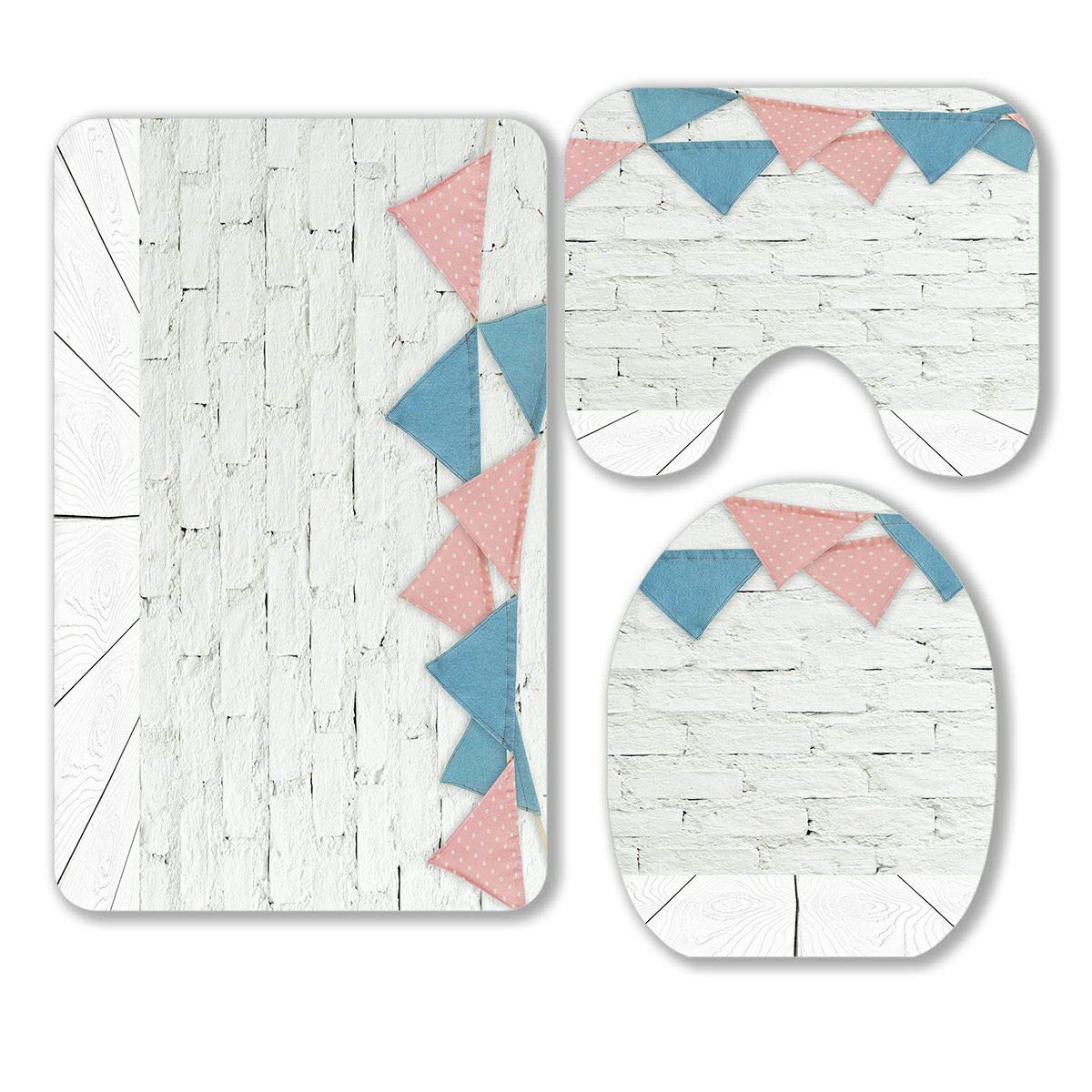 ABPHQTO 3-Piece Bathroom Rug Set - Non-Slip Contour Mat, Toilet Lid Cover & Hanging Party Flags for White Brick Wall - Perfect for Bathroom Decor, Housewarming Gifts & Themed Parties
