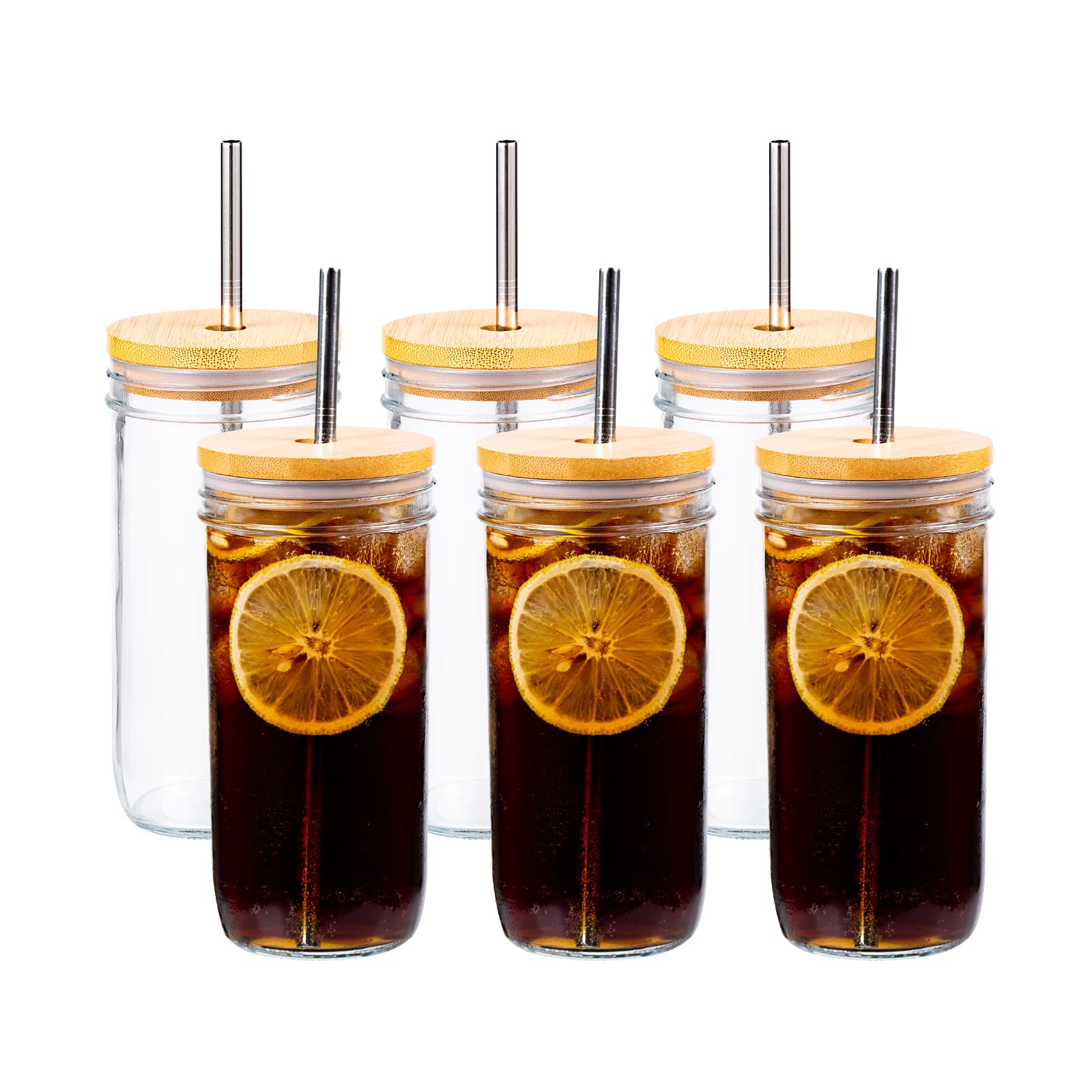 SUNNOW 24oz Glass Mason Jar Cups with Bamboo Lids & Stainless Steel Straws - 6-Pack Reusable Drinking Glasses for Iced Coffee, Smoothies, Cocktails - Perfect for Home, Bar, Parties & Outdoor Gatherings