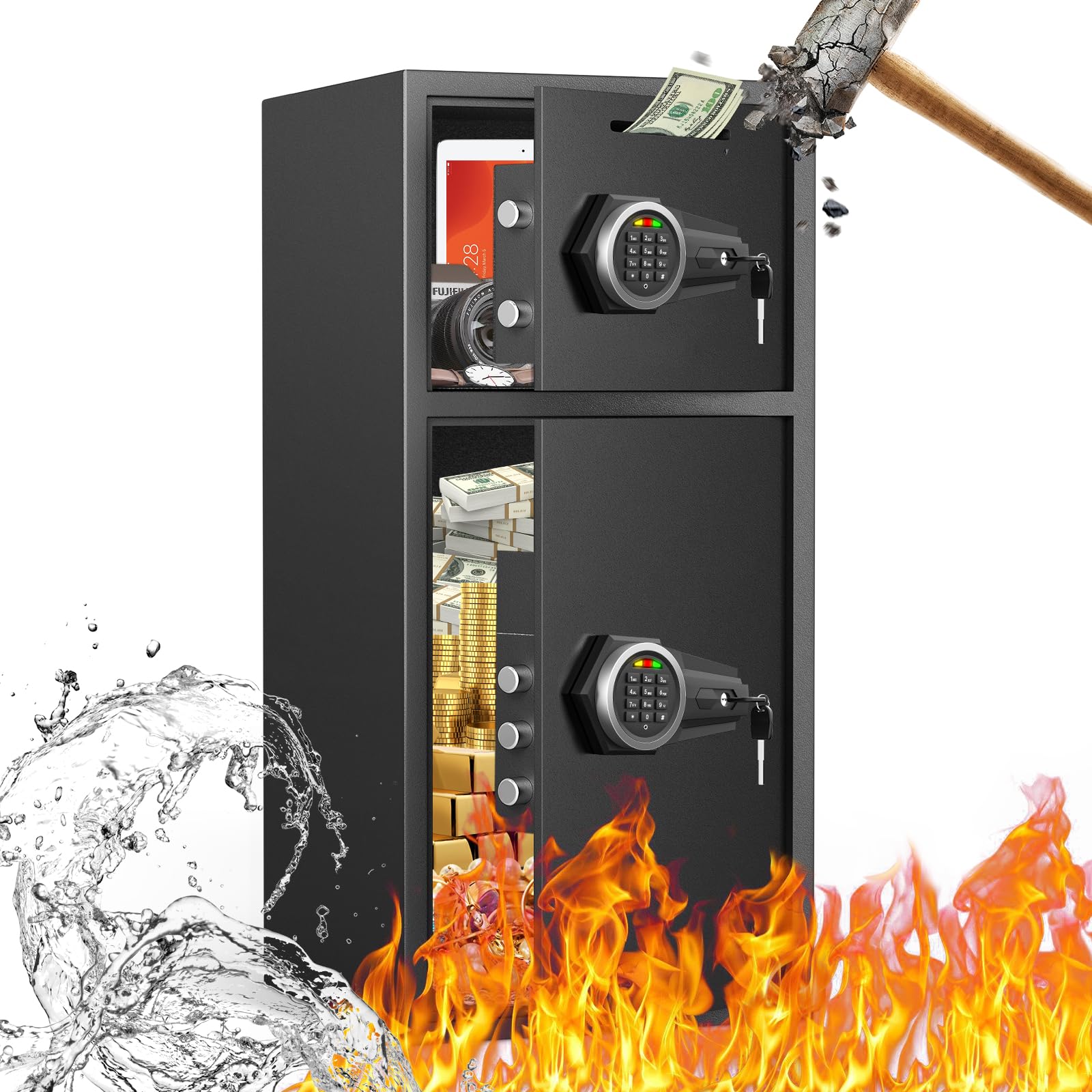 6.0 Cu ft Fireproof Waterproof Digital Safe Box with LED Light & Silent Mode - Home Security Safe for Money, Jewelry & Valuables - Ideal for Bedroom, Office & Business Use
