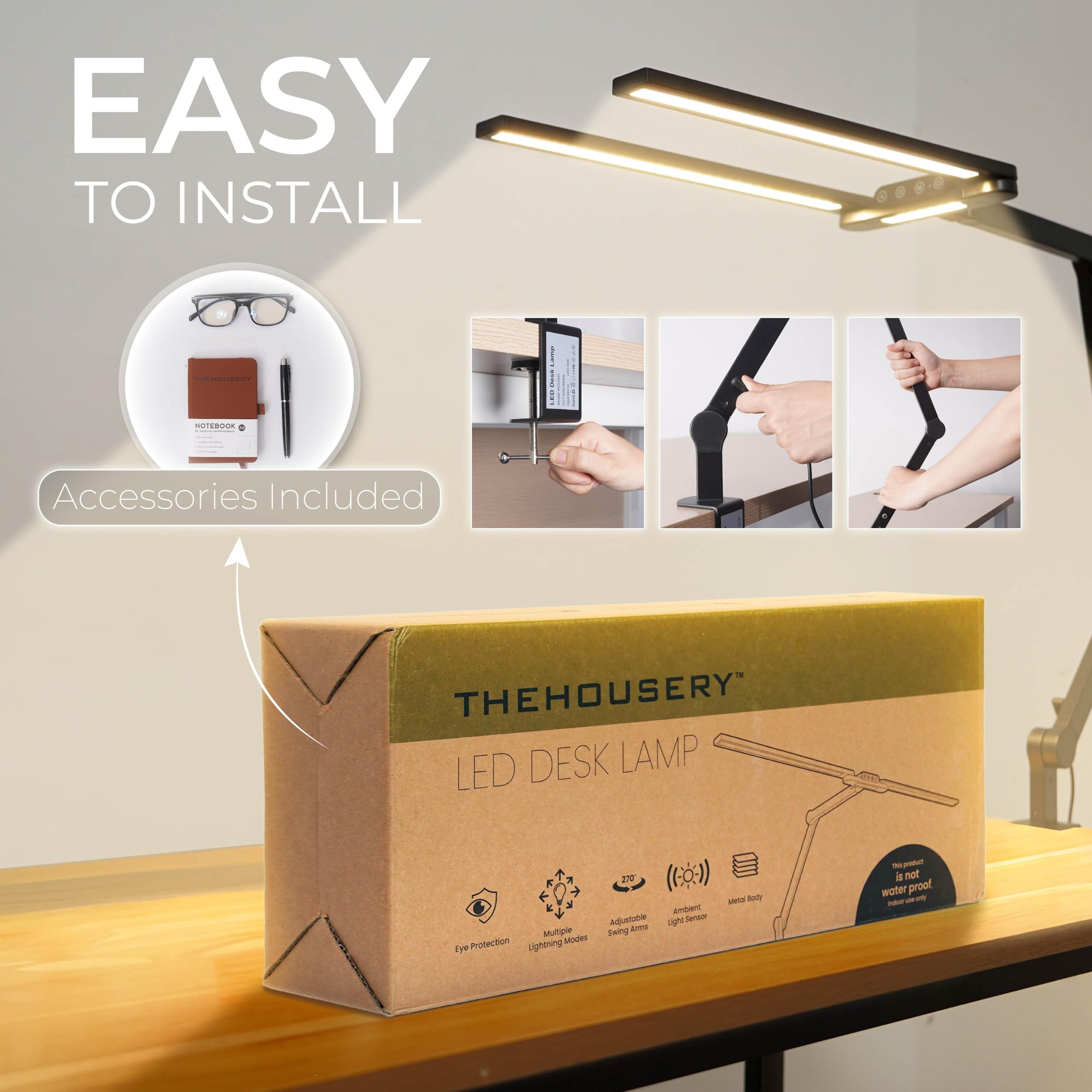 Modern LED Desk Lamp with Clamp - Adjustable Architect-Style Arms & Wide Monitor Light Bar for Dual Screens | Touch Control & Auto-Dimming | Perfect for Home Office, Gaming & Study | Includes Blue Light Blocking Glasses Gift