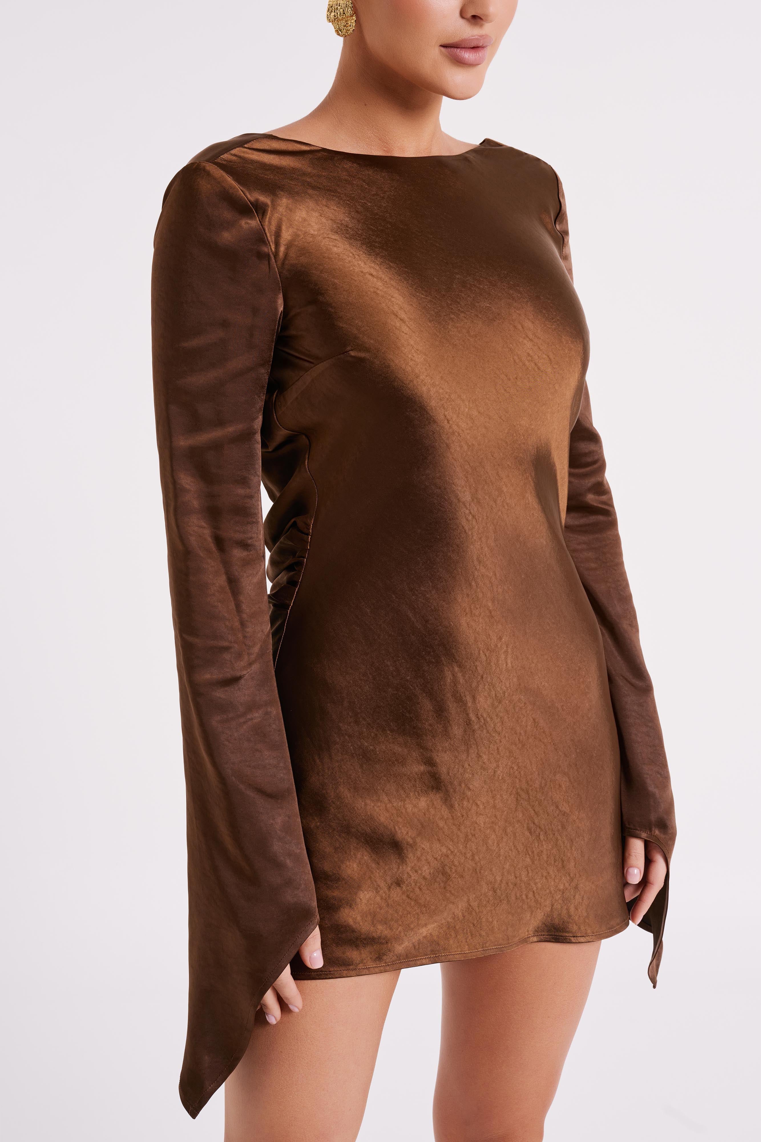 Davina Satin Long Sleeve Mini Dress for Women - Elegant Dark Brown Cocktail Party Dress for Night Out, Date Night & Special Occasions