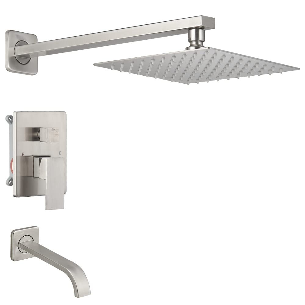 Luxury Brushed Nickel Shower Faucet Set - Wall Mounted Tub & Shower System with Rain Mixer Head, Single Handle Trim Kit & Rough-in Valve | Perfect for Modern Bathroom Renovation & Spa-Like Shower Experience