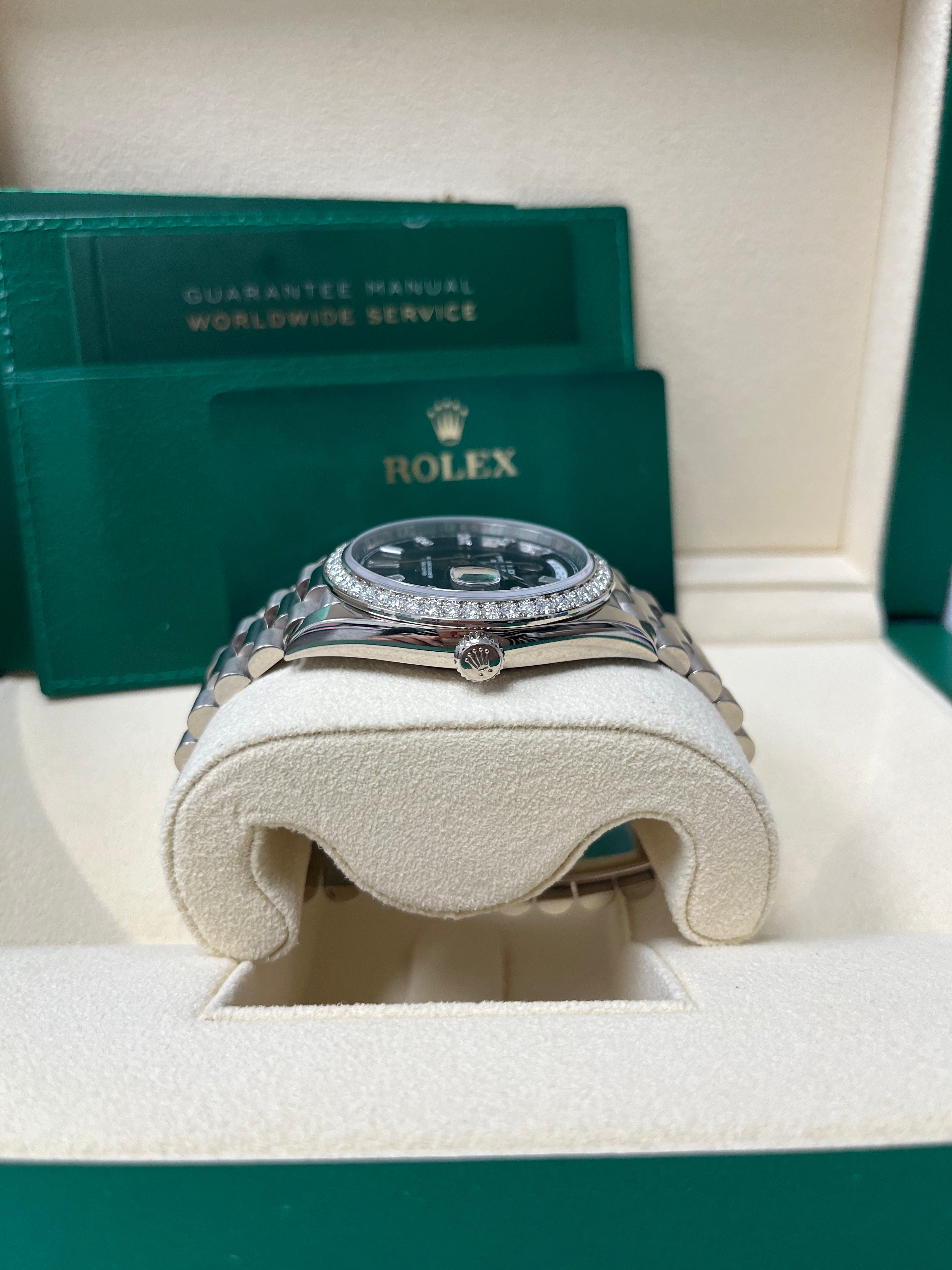 Rolex Day Date 40 White Gold Men's Watch with Black Baguette Diamond Dial & Fluted Bezel - Luxury Dress Watch for Business & Formal Occasions