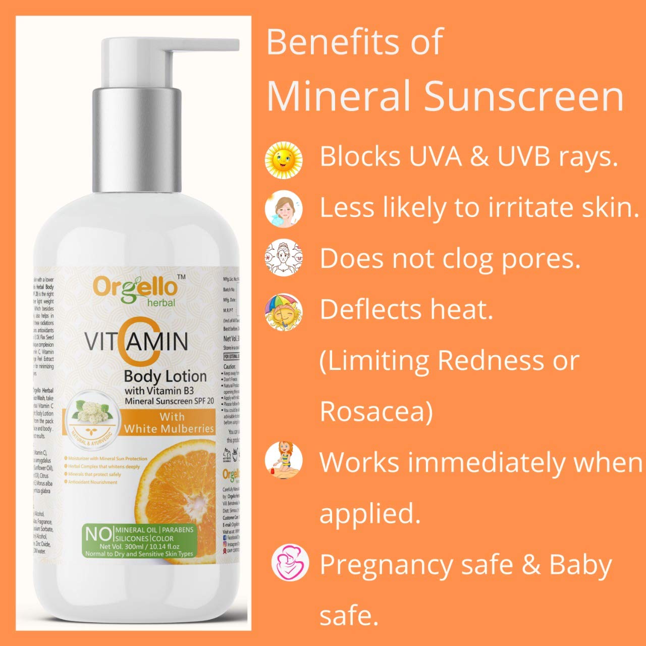 Orgello Herbal Vitamin C Body Lotion with SPF | Mineral Sunscreen Moisturizer (300ml) | Niacinamide, Licorice & Flax Seed Oil | Paraben-Free Skincare | Perfect for Daily Sun Protection & Hydration