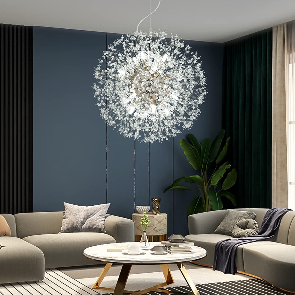 16-Light Modern Crystal Chandelier - Chrome Dandelion Firework Ceiling Light Fixture for Living Room, Dining Room, Kitchen & Bedroom | Elegant Home Lighting for Weddings, Parties & Luxury Interiors
