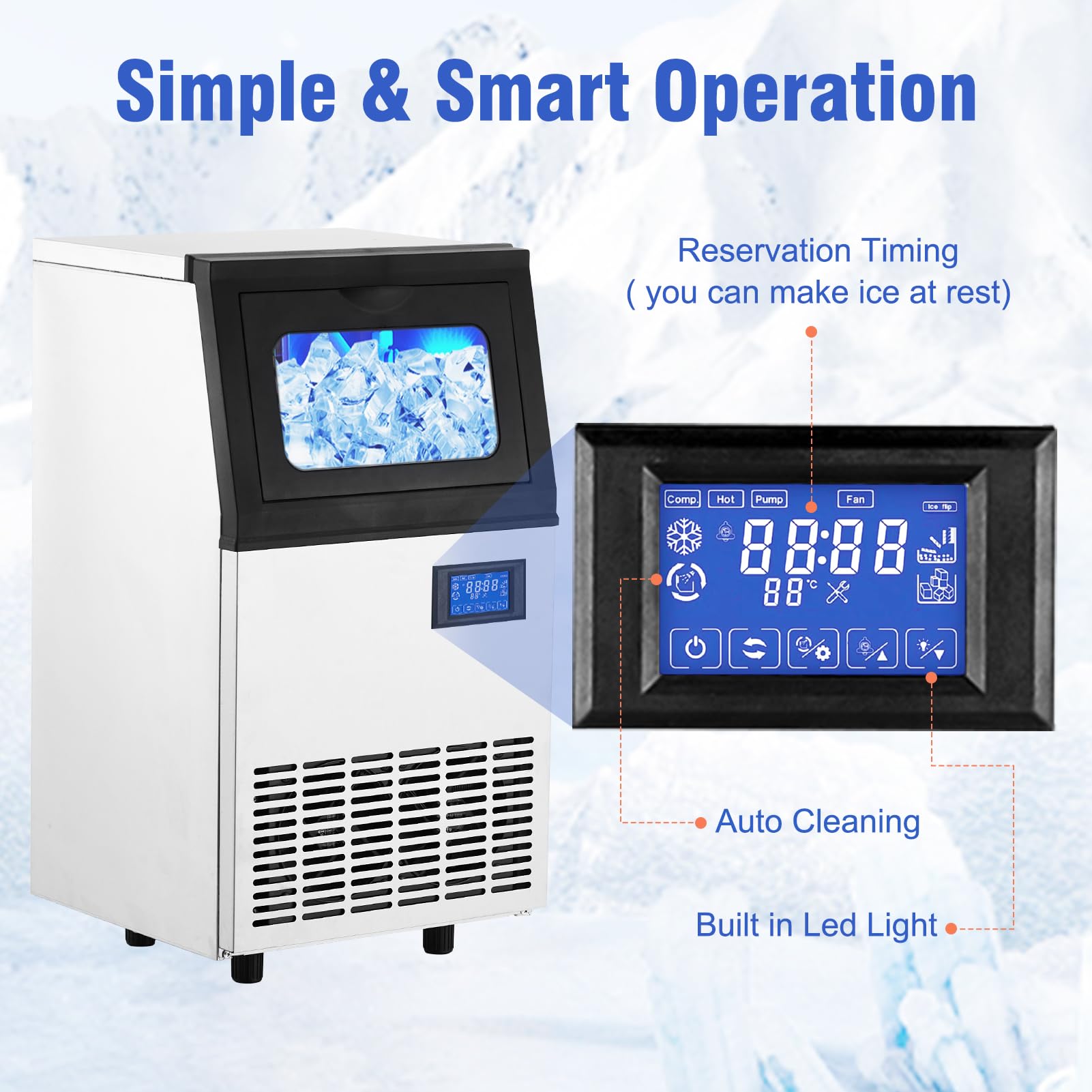 Commercial Ice Maker Machine - 90LBS/24H, 33LBS Storage Bin, Makes 4x10 Cubes in 15 Mins, 210W 120V Stainless Steel, Self-Cleaning - Perfect for Home Bars, Restaurants, and Outdoor Parties