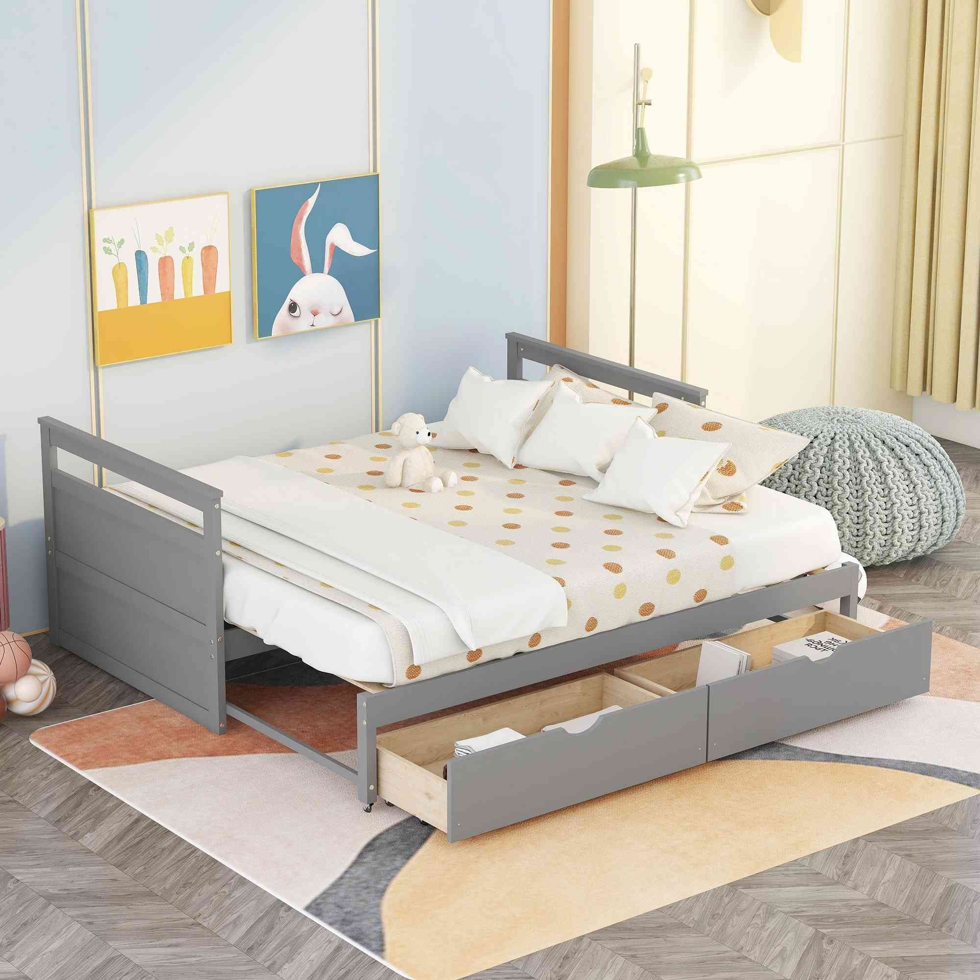 **Cotoala Twin Size Storage Bed Frame with 2-in-1 Expandable Design, Solid Wood Slat Support – No Box Spring Needed, Space-Saving Solution for Small Bedrooms, Guest Rooms & Kids Rooms (Grey)**