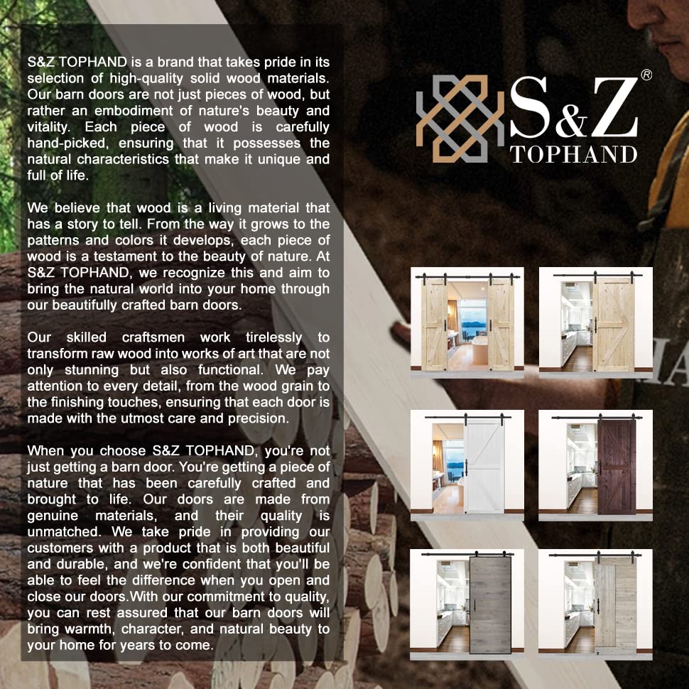 **S&Z TOPHAND 38x84 Inch Unfinished British Brace Knotty Barn Door with 6.6FT Sliding Hardware Kit - Solid Wood, Double Surfaces, Easy Assembly (J-Shape Track) - Perfect for Farmhouse, Rustic, or Modern Home Décor**