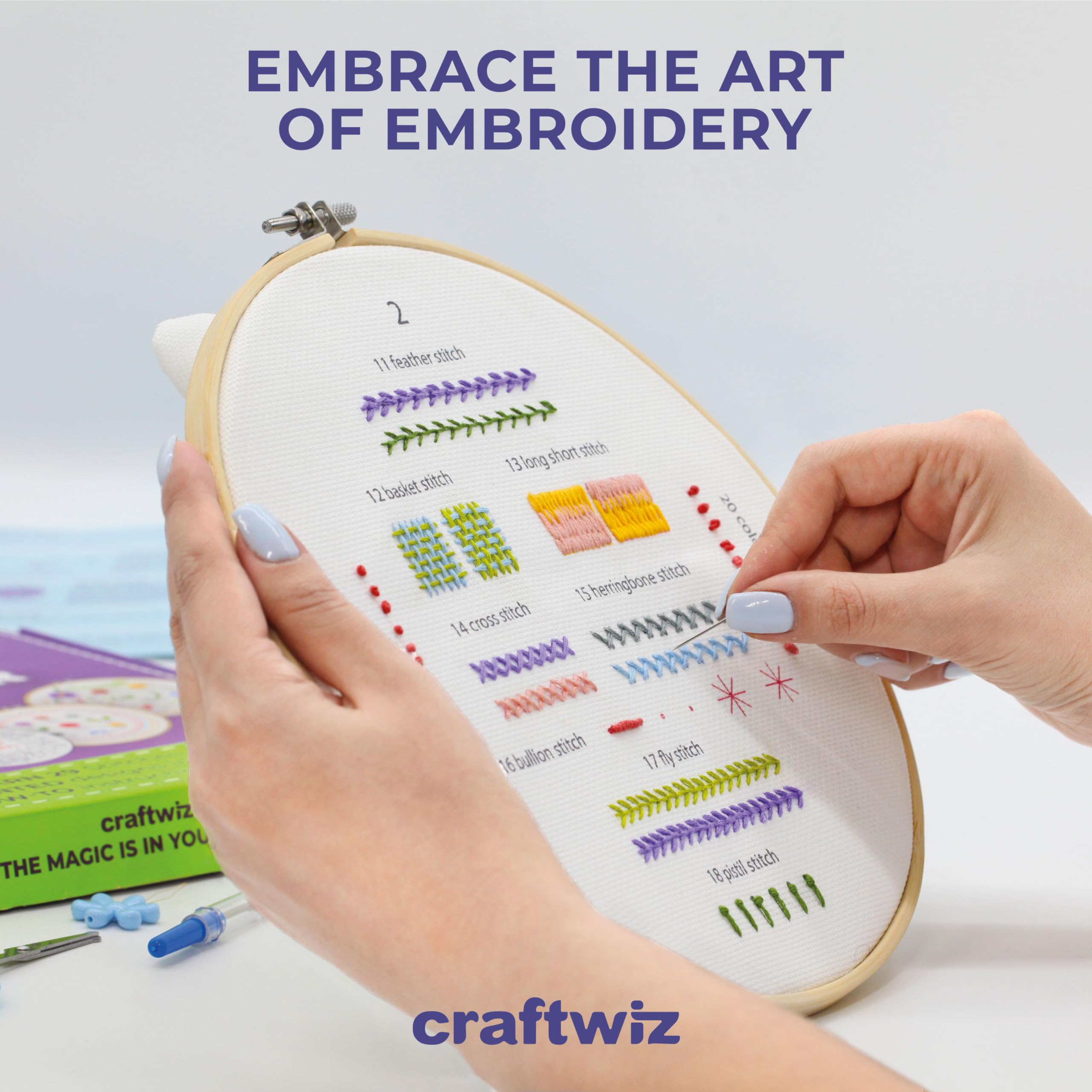 Craftwiz 4-Piece Beginner Embroidery Kit with Simple Patterns - Learn 29 Hand Embroidery Stitches for Teens & Adults - Perfect for DIY Crafts, Home Decor & Gift Making