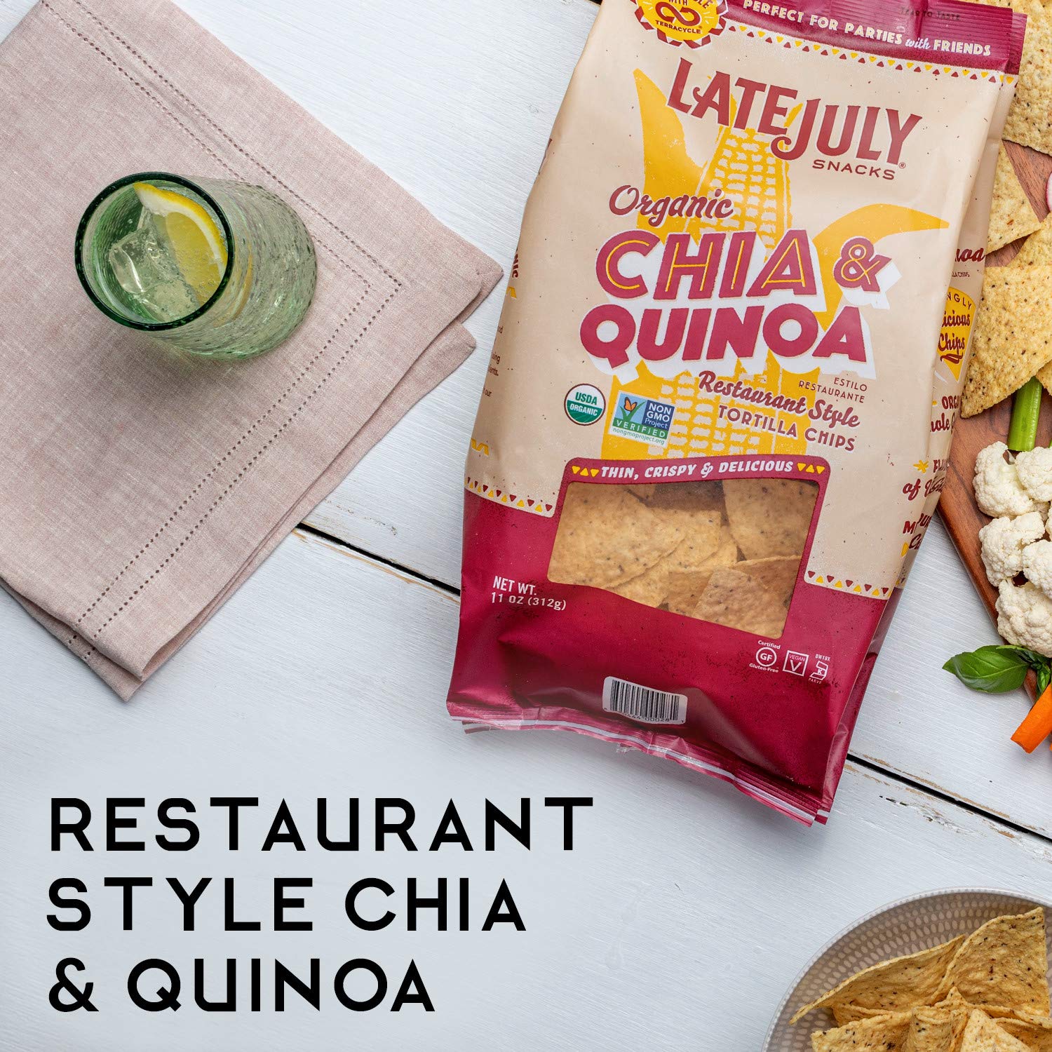 LATE JULY Organic Chia & Quinoa Tortilla Chips - Restaurant Style Snacks - 11oz Bags (Pack of 9) - Gluten Free, Non-GMO - Perfect for Parties, Movie Nights & Healthy Snacking
