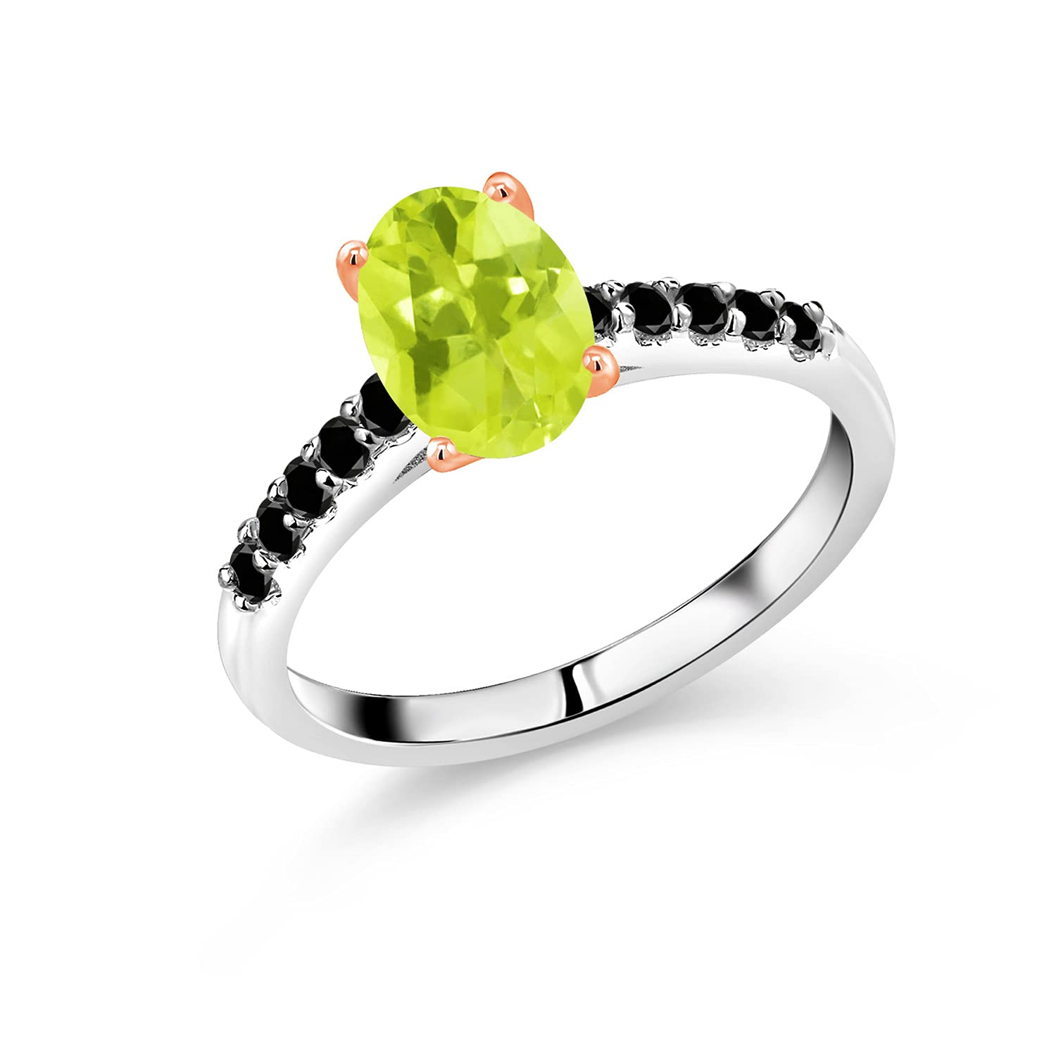 1.98 Ct Lemon Quartz & Black Diamond 10K White Gold Ring with Rose Gold Prongs | Gem Stone King | Elegant Jewelry for Weddings, Anniversaries & Special Occasions