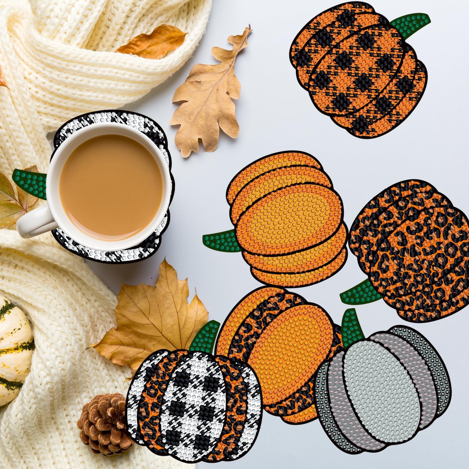 8-Piece Fall Plaid Pumpkin Diamond Coasters Set with Holder - DIY Cute Autumn Diamond Art Coasters - 5D Round Cup Coasters for Thanksgiving, Halloween, Home Decor & Holiday Gifts - Perfect for Coffee Tables, Dining Rooms & Seasonal Parties