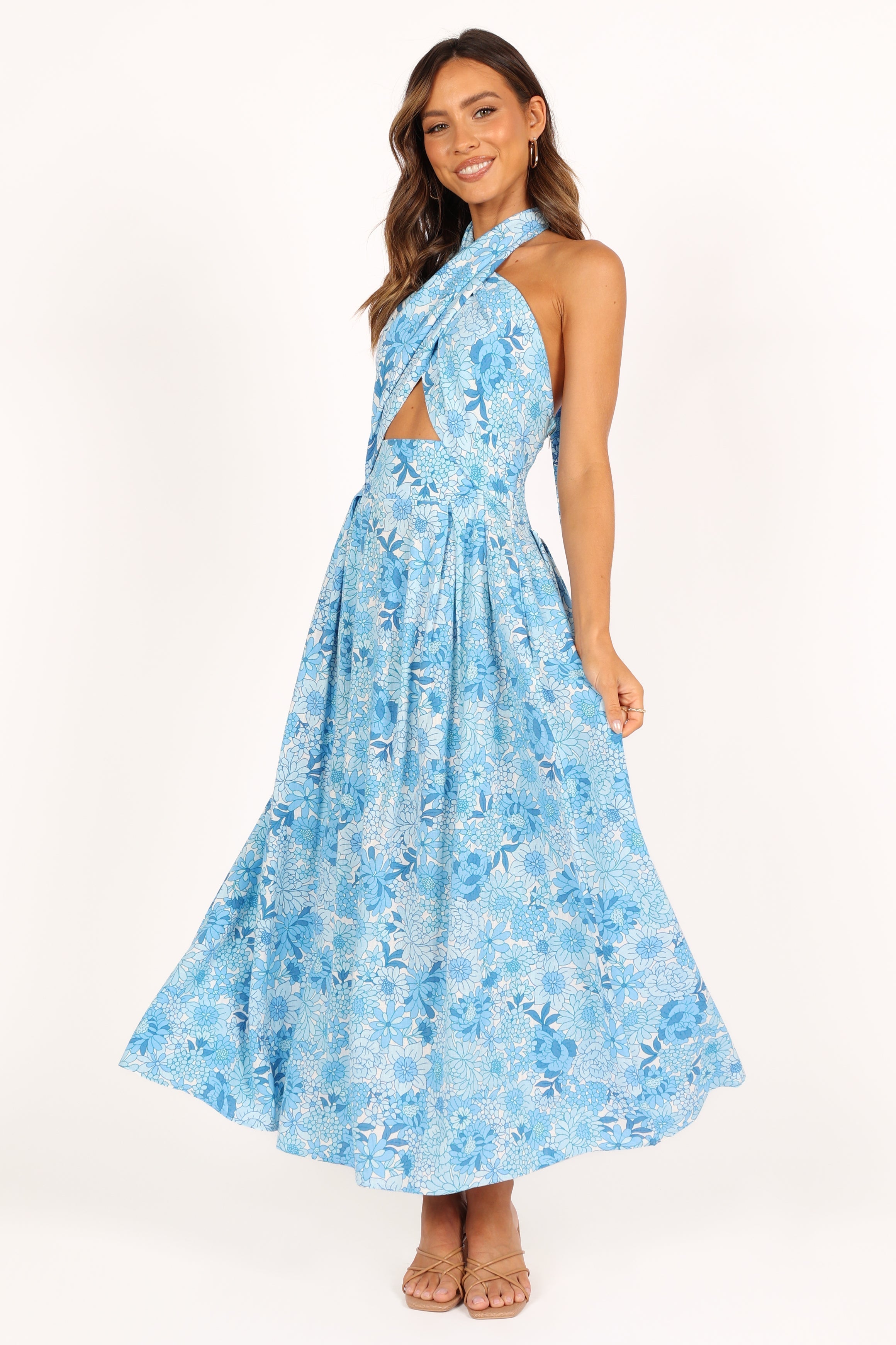 Clover Halterneck Maxi Dress - Blue Floral Summer Beach Dress for Women | Boho Chic Vacation Outfit, Poolside Cover-Up, Garden Party Attire