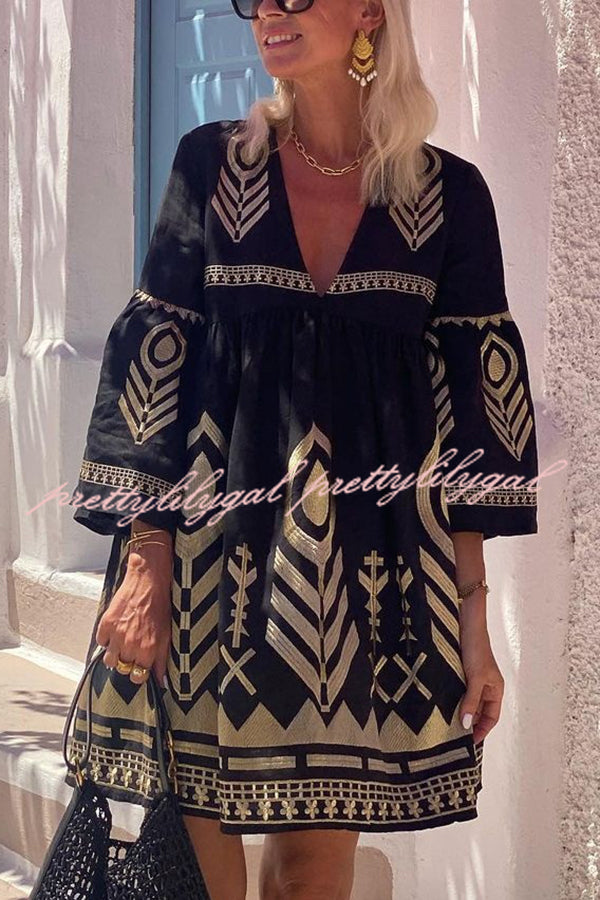 Elegant Gold Printed V-Neck Bell Sleeve Mini Dress for Women - Perfect for Parties, Date Nights & Special Occasions