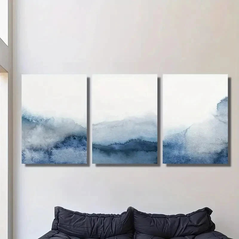 3-Piece Modern Blue and Gray Watercolor Metal Print Wall Art - Ready to Hang for Living Room, Bedroom, or Office Decor