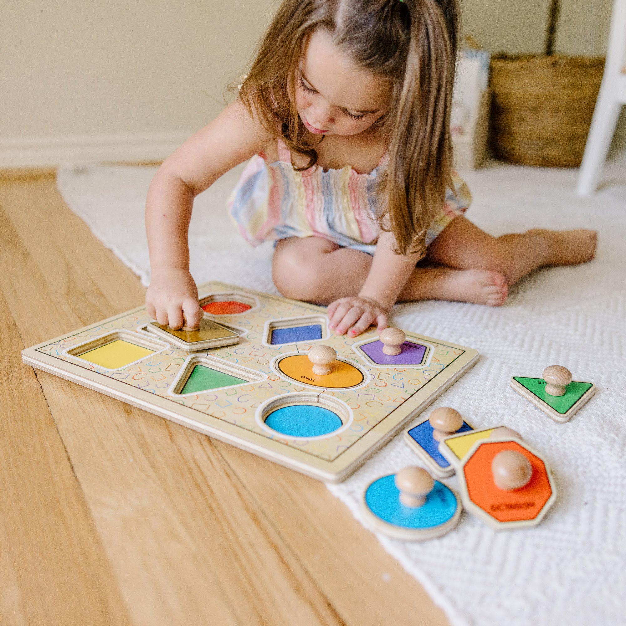 Geometric Shapes Deluxe Jumbo Peg Puzzle - 8 Piece Wooden Toddler Learning Toy for Shape Recognition & Fine Motor Skills | Preschool Classroom, Montessori, Homeschool Educational Activity