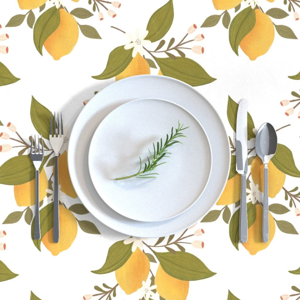 Custom Lemon Floral Botanical Garden Print Cotton Sateen Tablecloth 70x108 Inches - Summer Fruit White Yellow Green Table Linens for Dining Room, Kitchen, and Outdoor Picnics