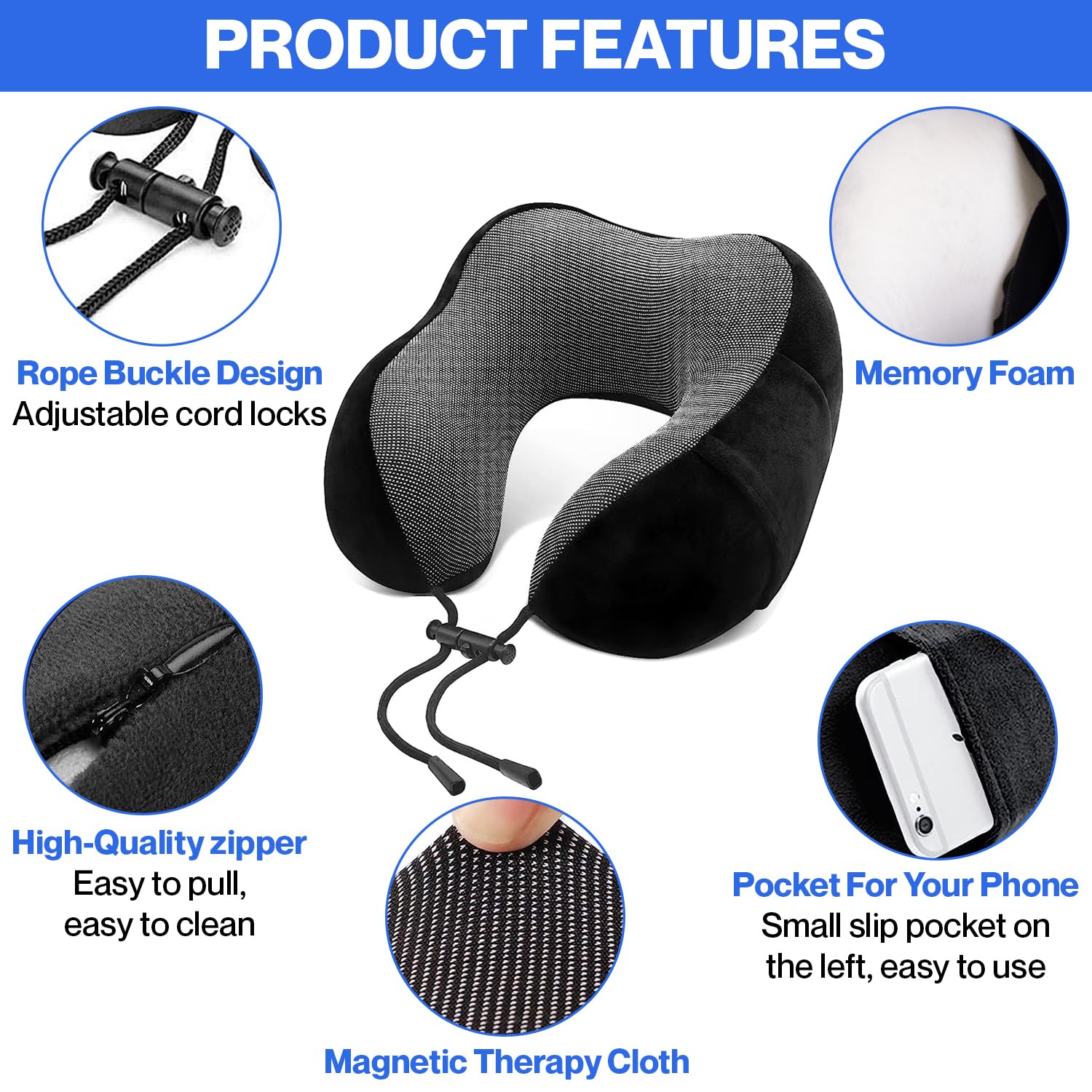 **Kalpa Living Deluxe Memory Foam Travel Neck Pillow - Ultra Comfortable Head & Neck Support for Airplane, Car & Office - 4-in-1 Travel Pillow Set with Carabiner (Stylish Black) - Perfect for Long Flights, Road Trips & Work Breaks**