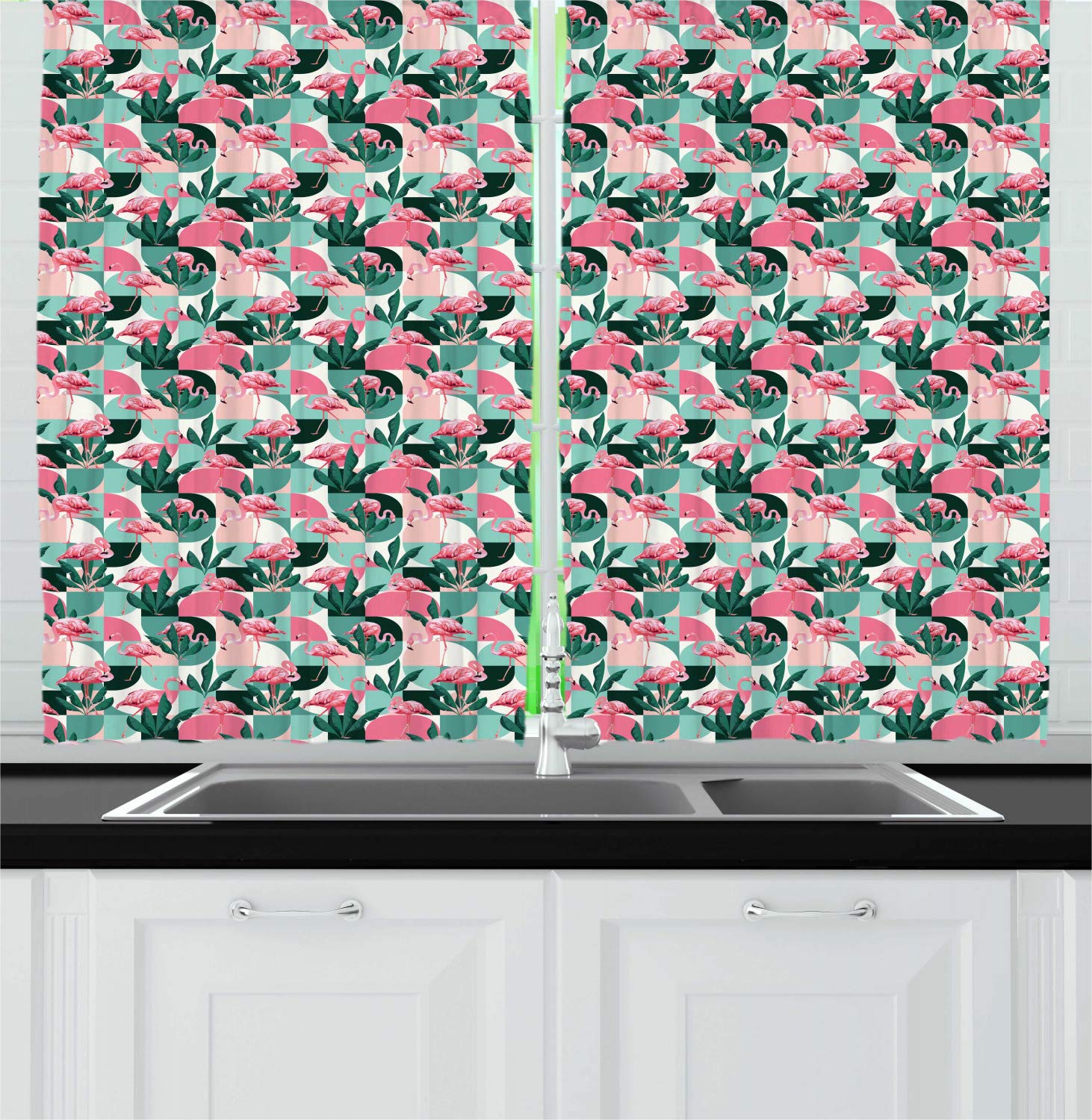 Ambesonne Flamingo Kitchen Curtains Set of 2 - Tropical Beach Birds with Palm Leaves & Geometric Circles Design - Modern Window Drapes for Kitchen & Cafe Decor - 55