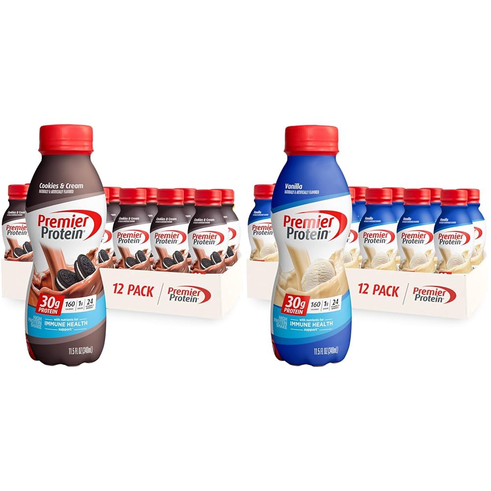 Premier Protein Shake - Cookies & Cream & Vanilla Flavors - 30g Protein, 1g Sugar, 24 Vitamins & Minerals - 12 Pack (12 Bottles) - Perfect for Post-Workout Recovery, Meal Replacement & On-the-Go Nutrition