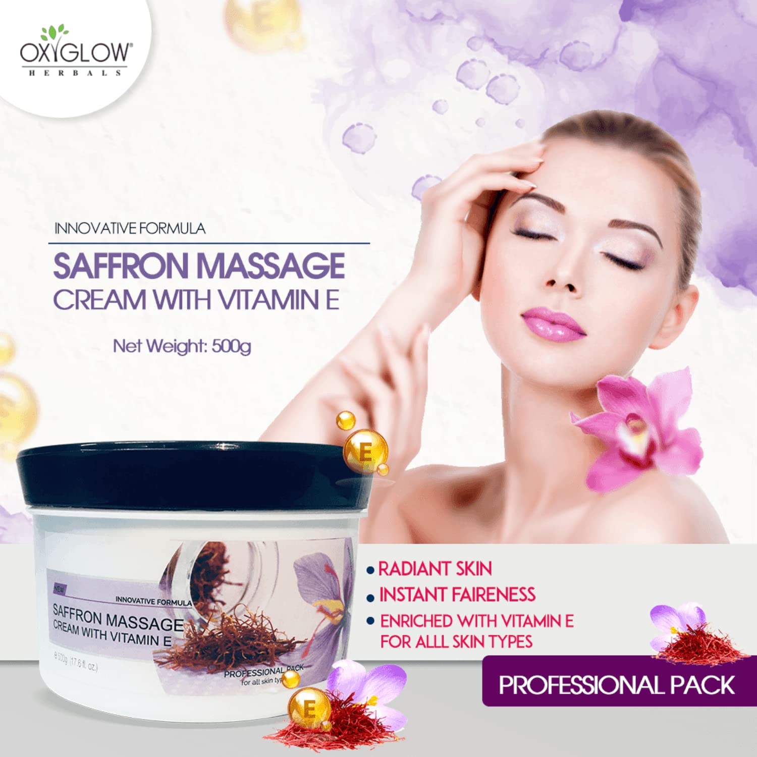 OxyGlow Herbals Saffron Face Massage Cream with Vitamin E - 500g for Healthy Glowing Skin | Hydrating & Brightening Facial Moisturizer | Day & Night Skincare Routine | Pack of 1