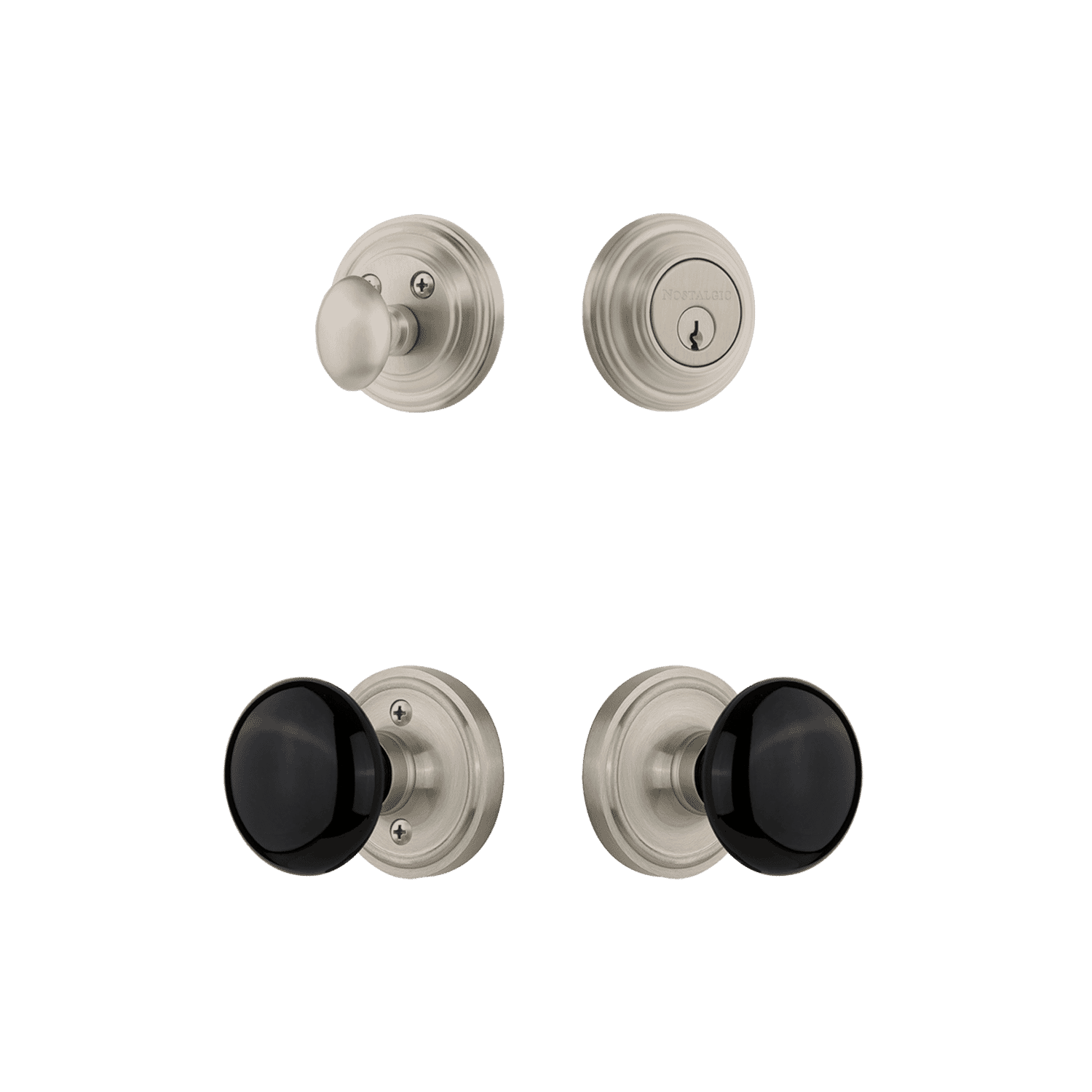 Classic Rosette Entry Door Handle Set with Black Porcelain Knob in Satin Nickel Finish - Elegant Front Door Hardware for Home & Office Entryways