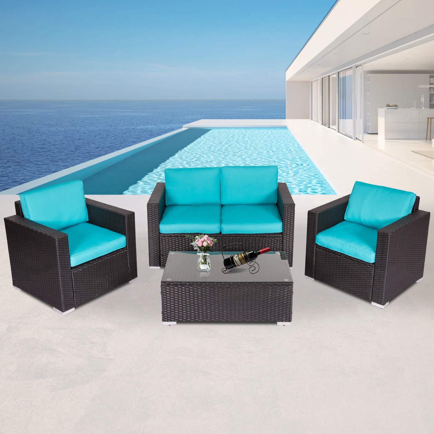 Kinbor 4-Piece Outdoor Patio Conversation Set - PE Rattan Garden Furniture Sectional Sofa for Backyard, Porch, Poolside, Balcony & Deck (Blue) - Perfect for Relaxing, Entertaining & Outdoor Gatherings