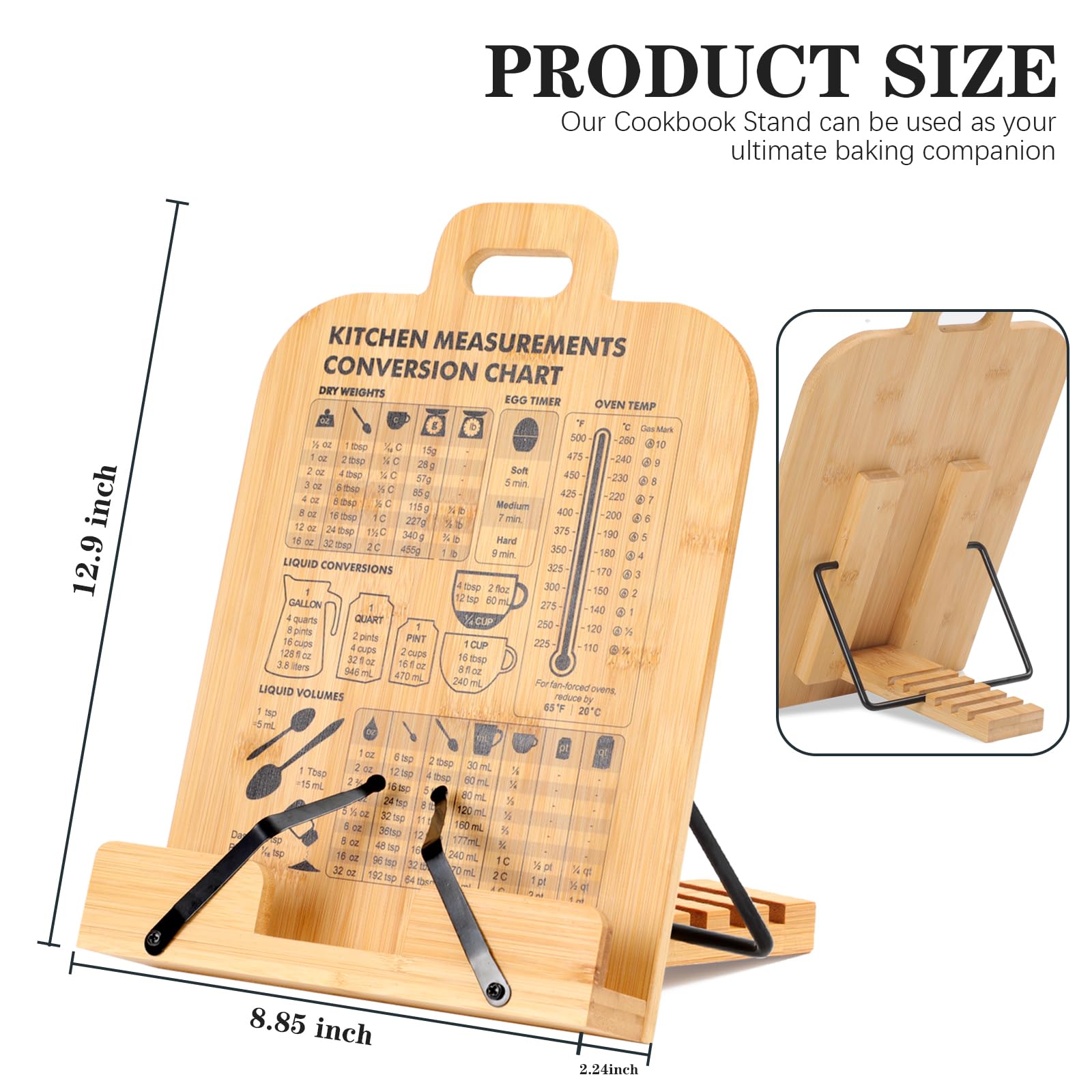 Bamboo Cookbook Stand with Kitchen Conversion Chart - Recipe Holder for Kitchen Counter, Cookbook & iPad Stand - Includes Bonus Conversion Sheet - Perfect for Baking, Cooking & Meal Prep
