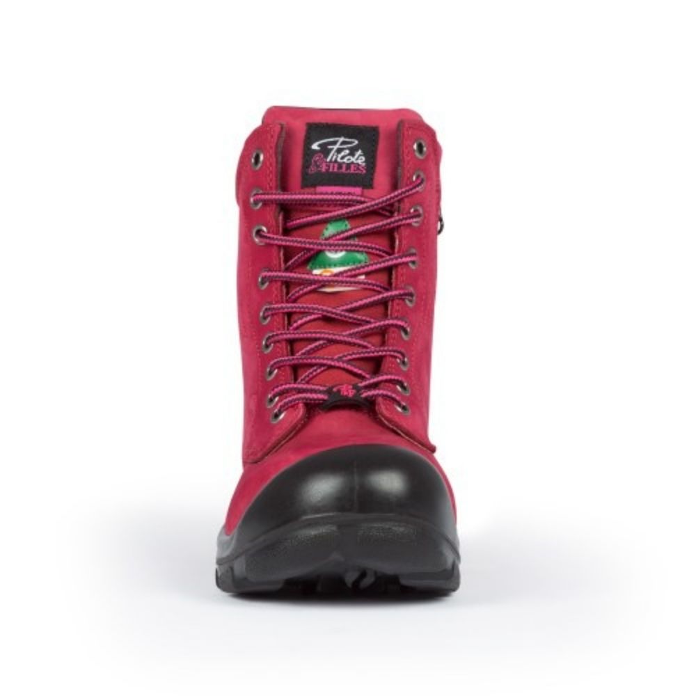 P&F S558 Women's 8 Steel Toe Work Boots with Side Zipper - Comfortable & Durable Safety Shoes for Construction, Warehouse & Outdoor Work (Red)