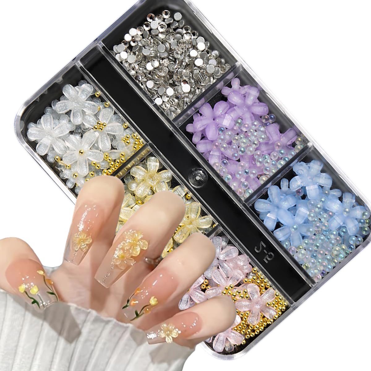 3D Colorful Flower Nail Charms - 6 Grids Acrylic Nail Art DIY Accessories with Gold Beads, Pearls & Rhinestones for Manicure, Wedding, Party Nail Designs