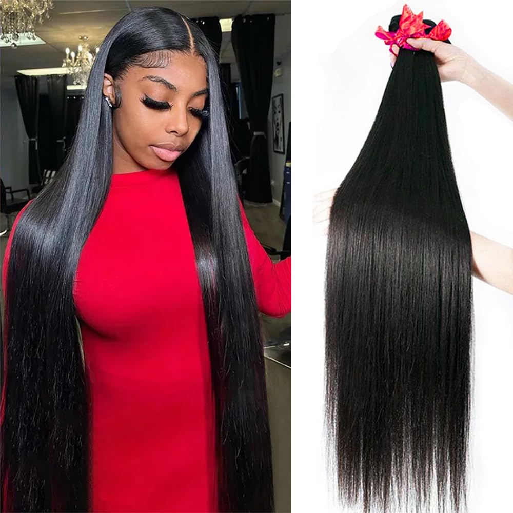 10A Grade 24/26/28 Inch Brazilian Straight Human Hair Bundles - 100% Unprocessed Virgin Remy Hair Weave 3 Bundles Deal (1B Natural Black) for Sew-in, Clip-in Extensions & Everyday Styling