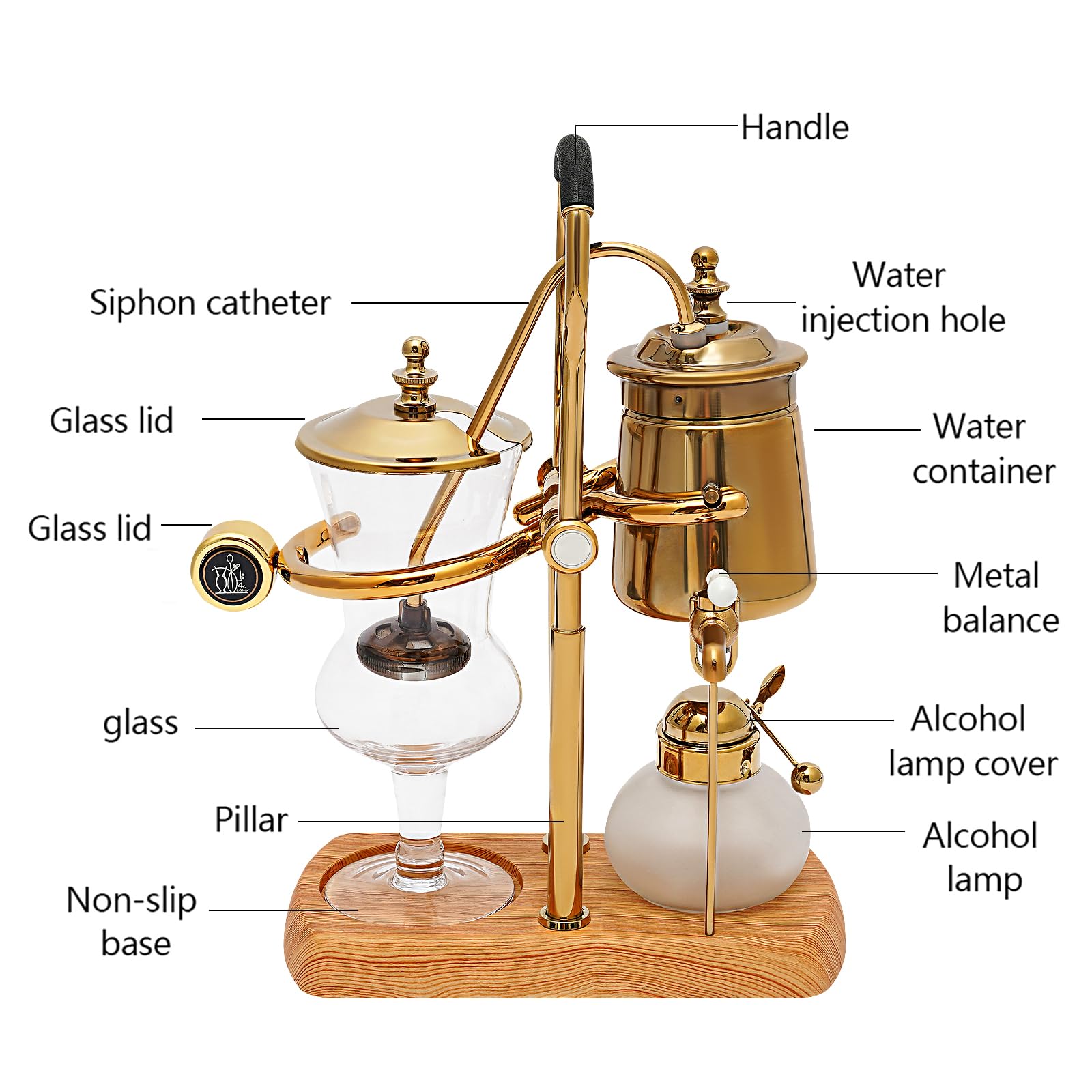 Premium Belgian Siphon Coffee Maker - 500ml/15 oz Vintage Gravity Balance Brewer with Elegant Retro Gold Design - Perfect for Home Brewing & Coffee Enthusiasts
