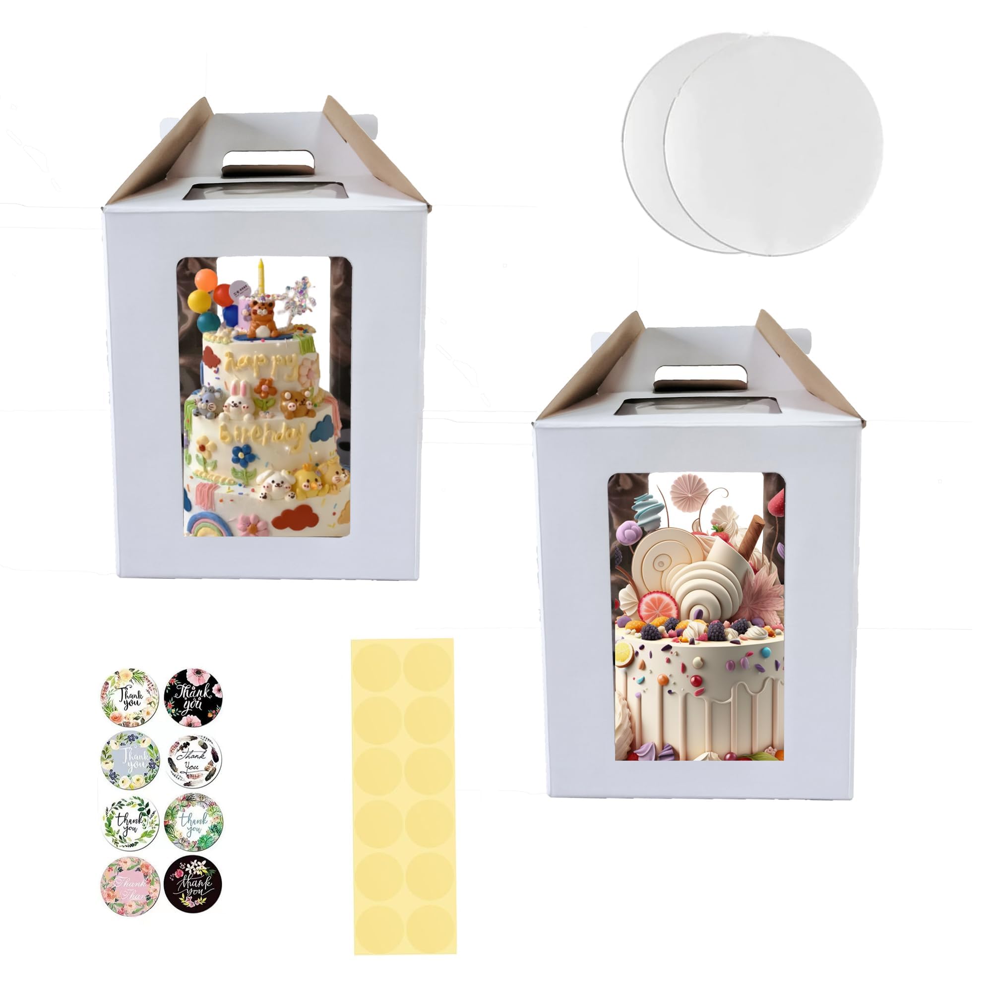 12x12x14 Inch Tall Cake Box with Window - 2 Pack Tiered Cake Containers for Birthday, Wedding & Party Cakes - Includes Cake Board & Decorative Stickers - Perfect for Picnics, Celebrations & Bakery Storage