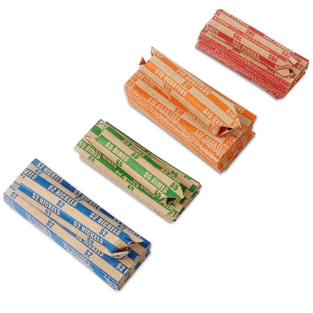 400-Piece Assorted Flat Coin Wrappers for Quarters, Dimes, Nickels & Pennies - Pre-Cut & Stripped Bank Roll Paper - Perfect for Coin Collectors, Banks & Cash Handling Businesses (100 of Each Denomination)