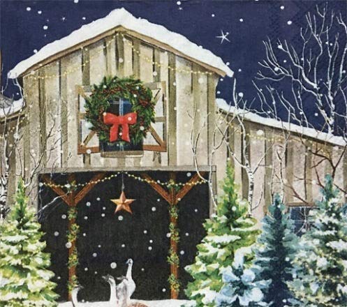 Set of 2 Christmas Barn Watercolor Decoupage Party Napkins - Holiday Luncheon Napkins for Birthday, Wedding & Cocktail Party | Perfect for Christmas Decorations, Table Settings & Special Occasions