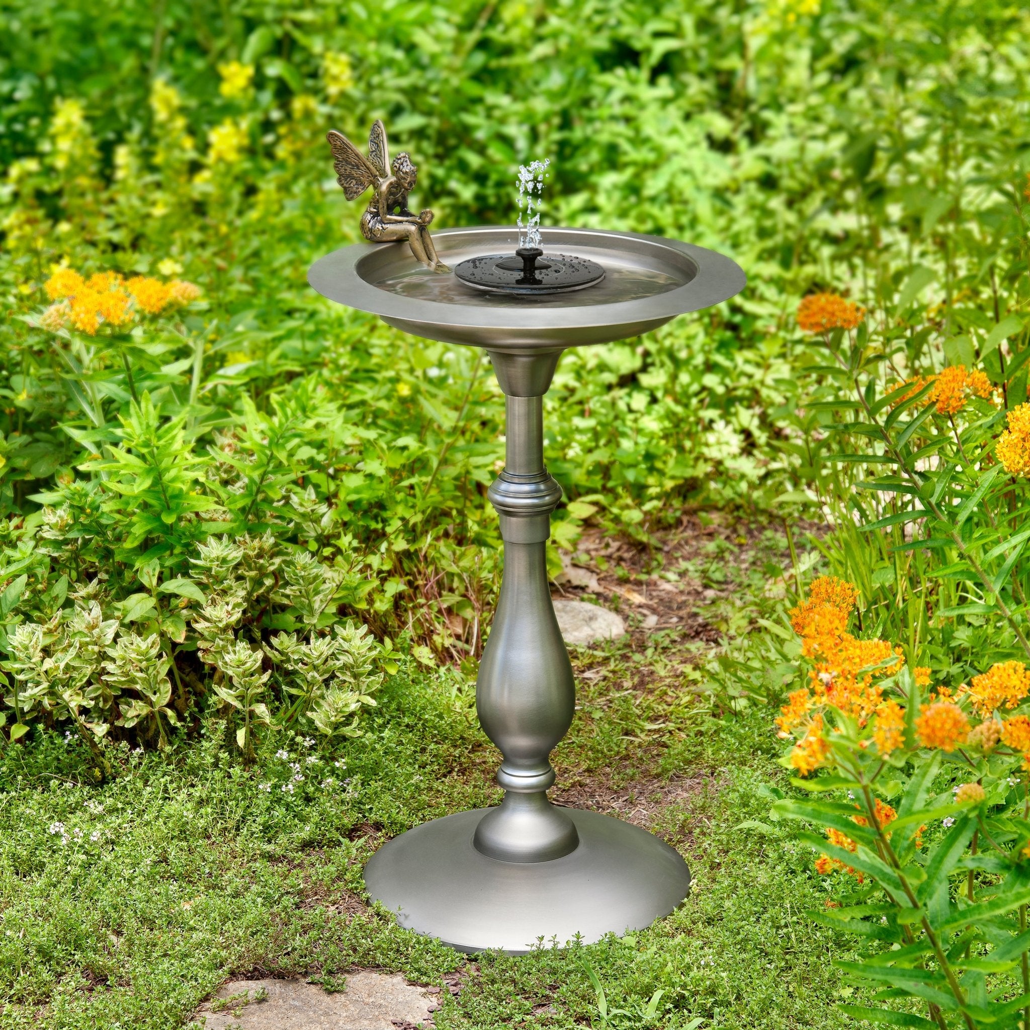Vintage Pewter Bird Bath Pedestal with Fairy Statue - Outdoor Garden Decor for Birds and Fairies - Perfect for Backyard, Patio, and Garden Decoration