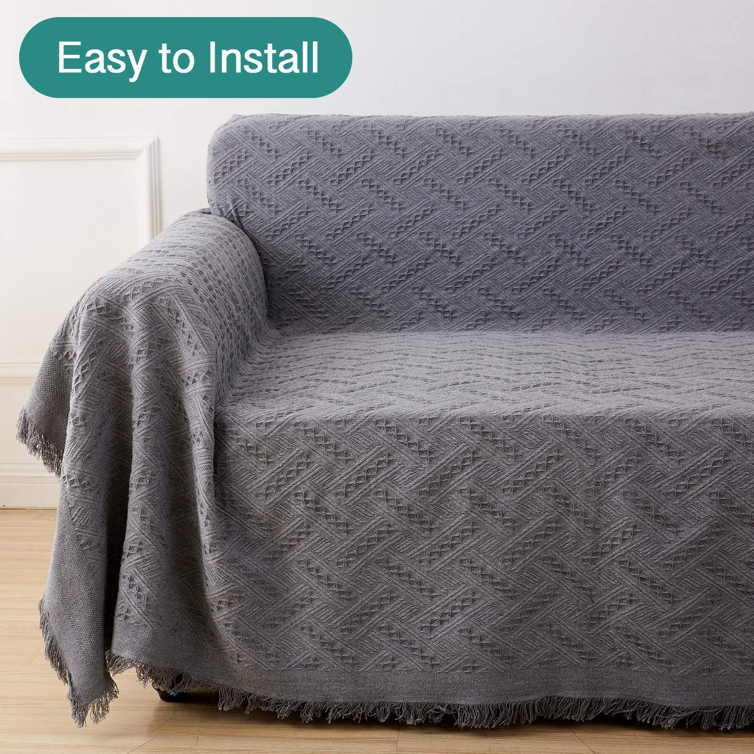 Geometric Throw Sofa Cover Blanket - Washable 3 Cushion Couch Cover, Pet-Friendly Furniture Protector for Dogs (Large, Dark Grey) - Perfect for Living Room Decor, Home Fashion & Pet Owners
