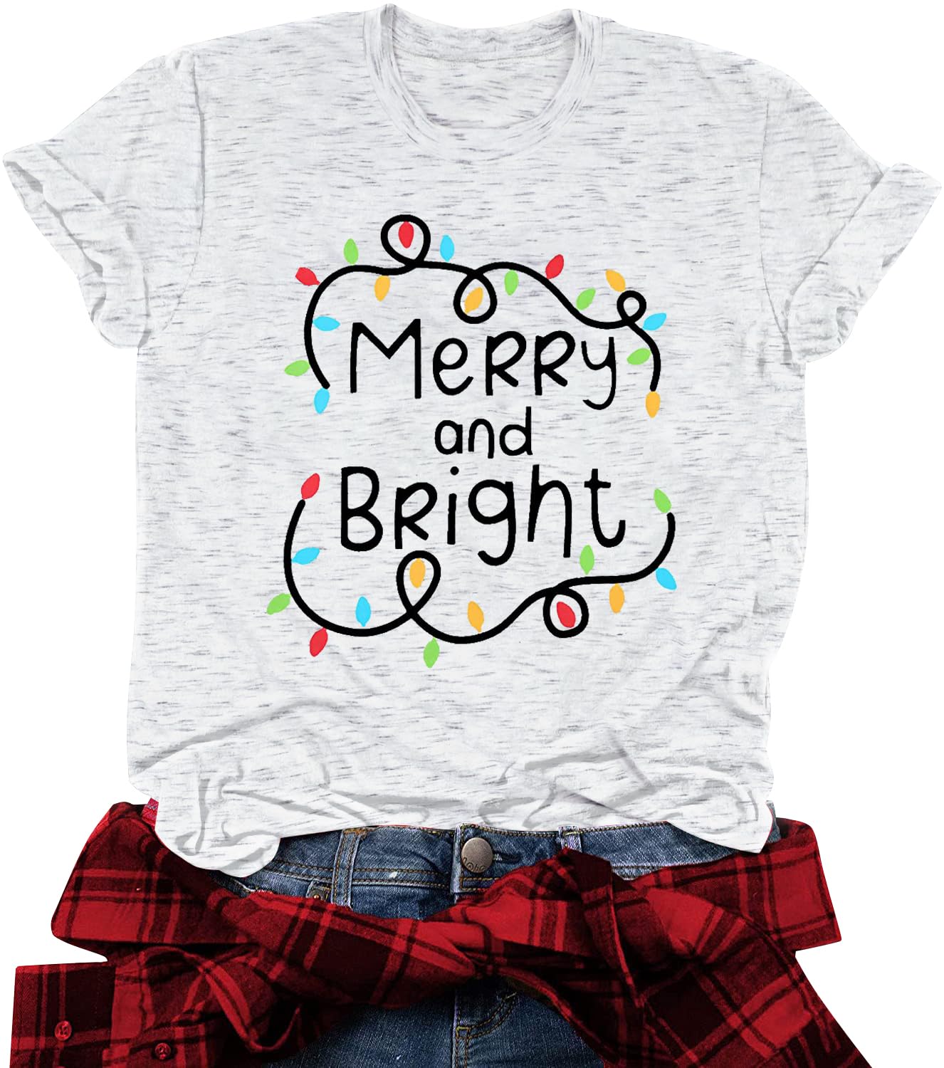 Women's Christmas Shirts - Merry and Bright Holiday Tops with Festive Lights Design | Perfect for Xmas Parties, Family Gatherings & Holiday Photos